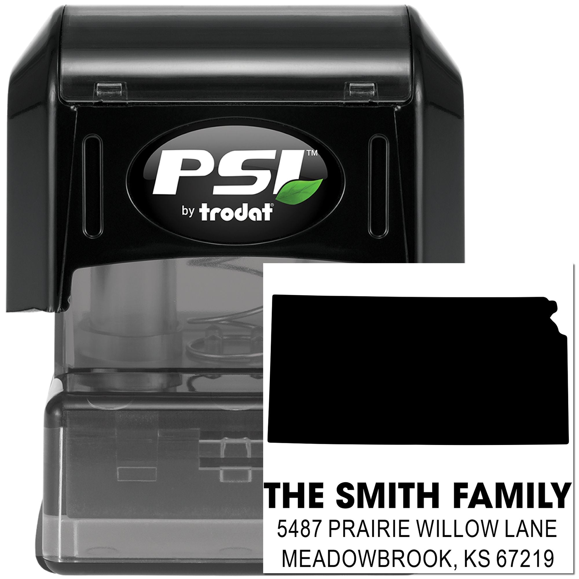 PSI by Trodat self-inking address rubber stamp with custom family name and mailing address imprint