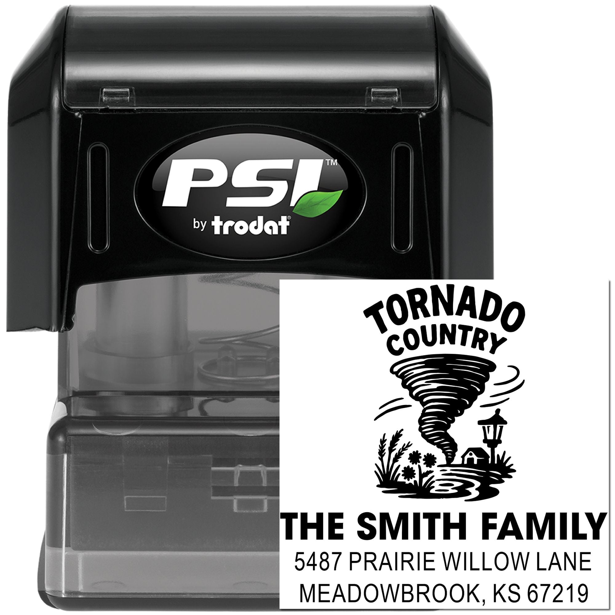 PSI by Trodat self-inking custom address rubber stamp with Tornado Country family design for mail, crafts, and business use.