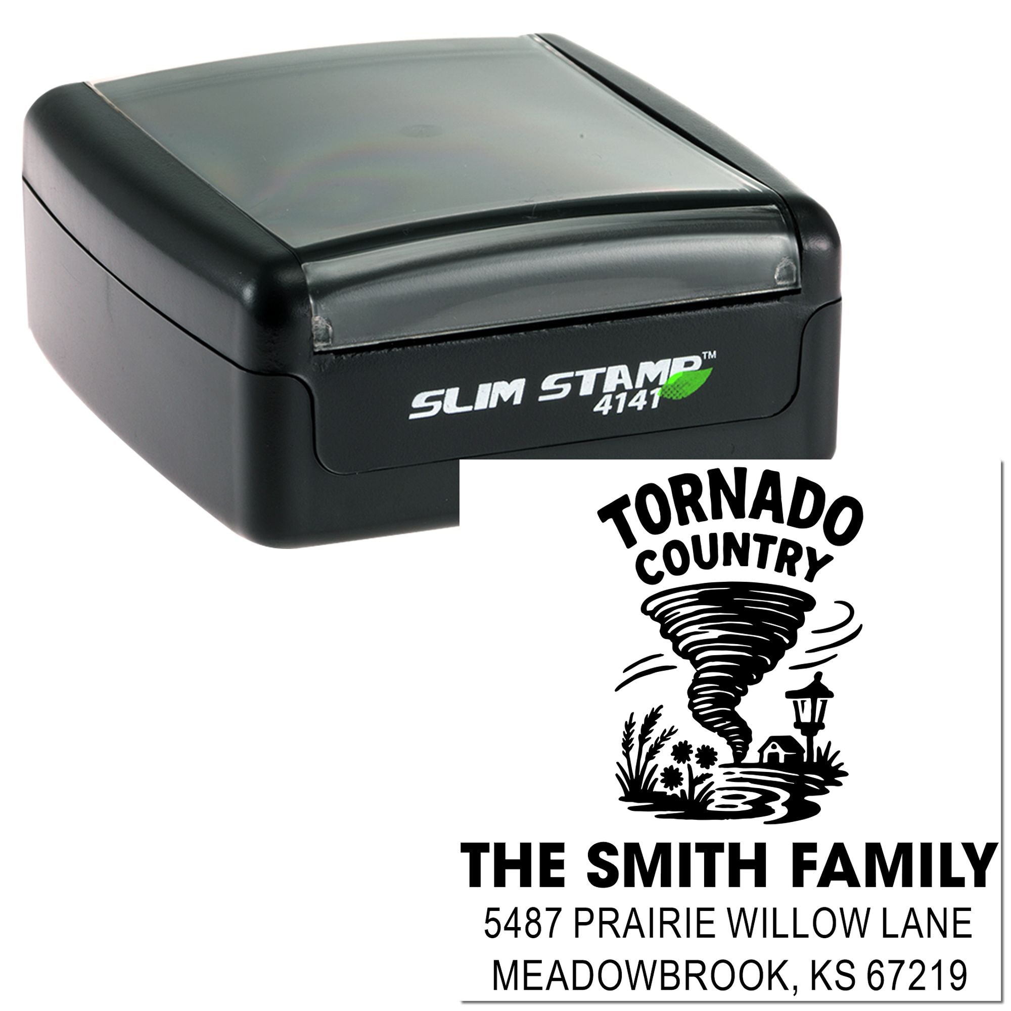 Custom Slim Stamp rubber stamp with Tornado Country family address return address design.
