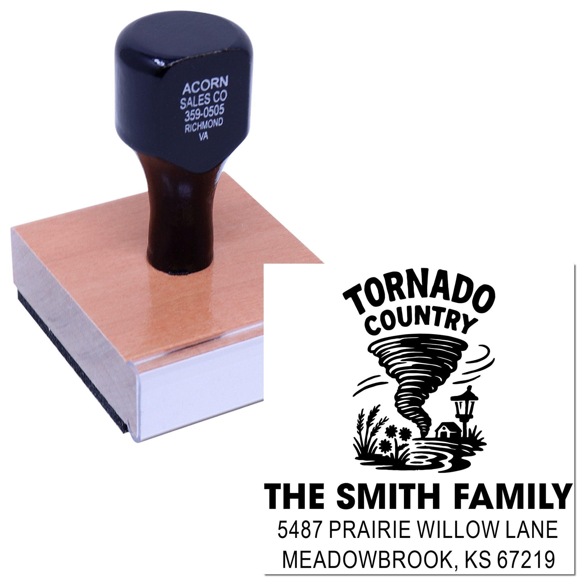 Custom rubber address stamp featuring Tornado Country family design with personalized name and address imprint.