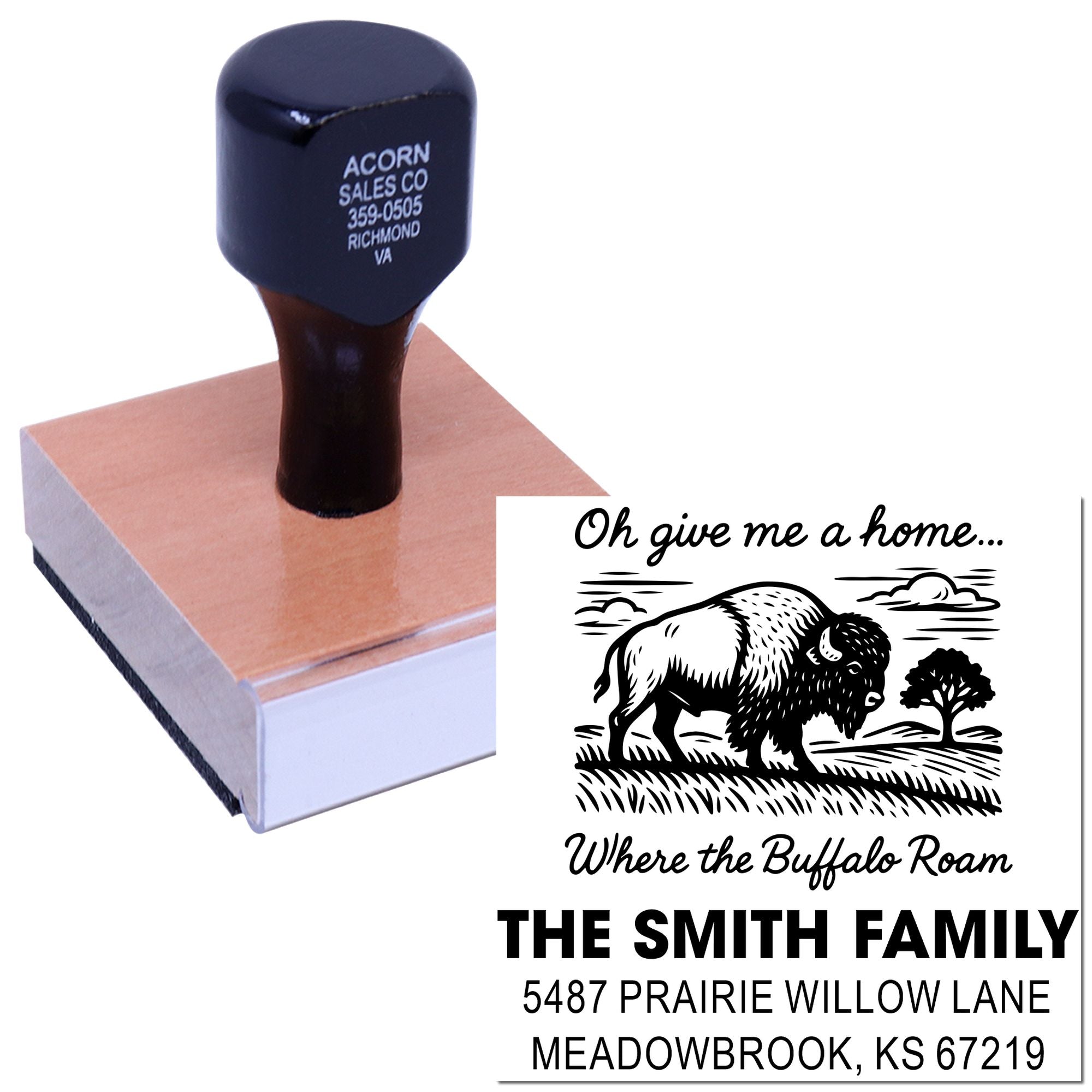 Custom self-inking rubber stamp with buffalo roan family design and personalized return address imprint.