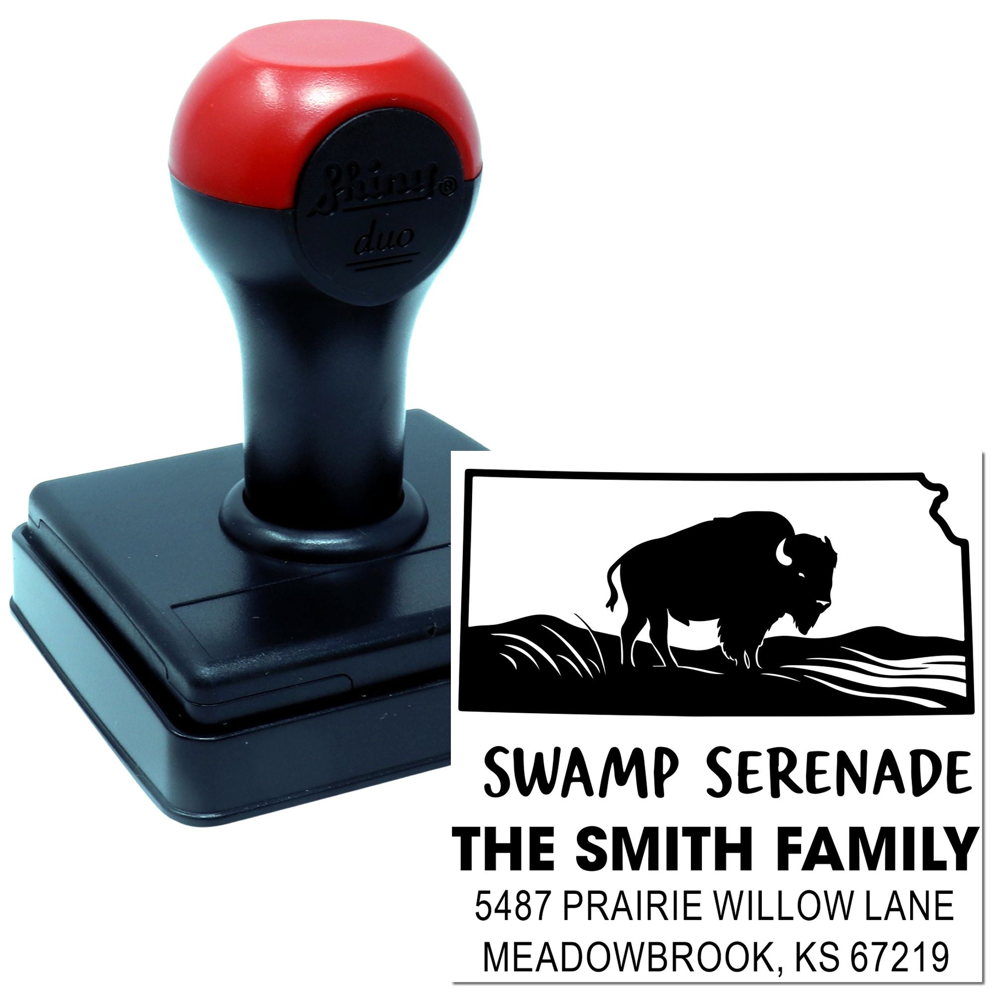 Custom self-inking rubber address stamp with bison design for personalized family return mail.