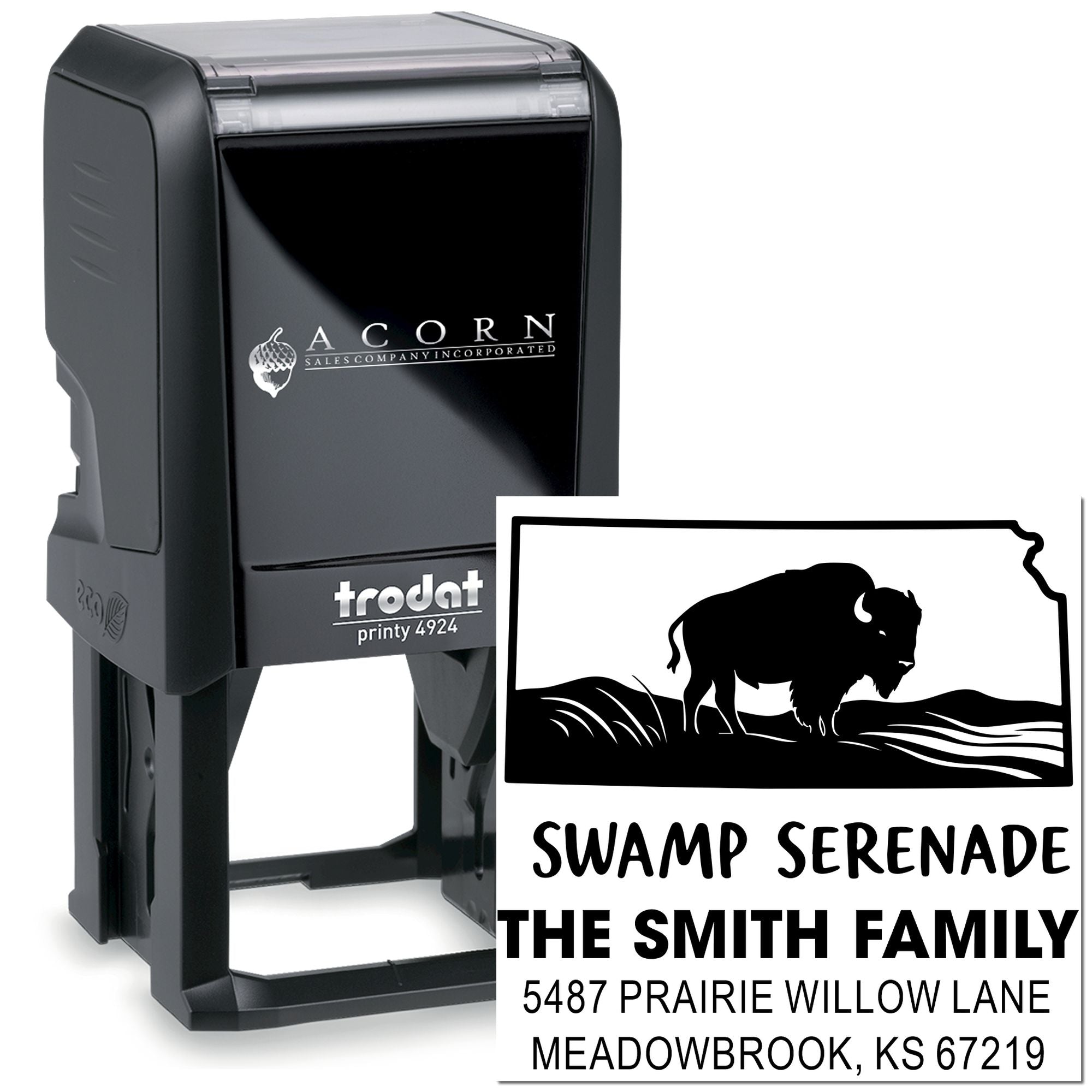 Custom self-inking rubber address stamp with buffalo design for The Smith Family, Swamp Serenade, Meadowbrook, KS