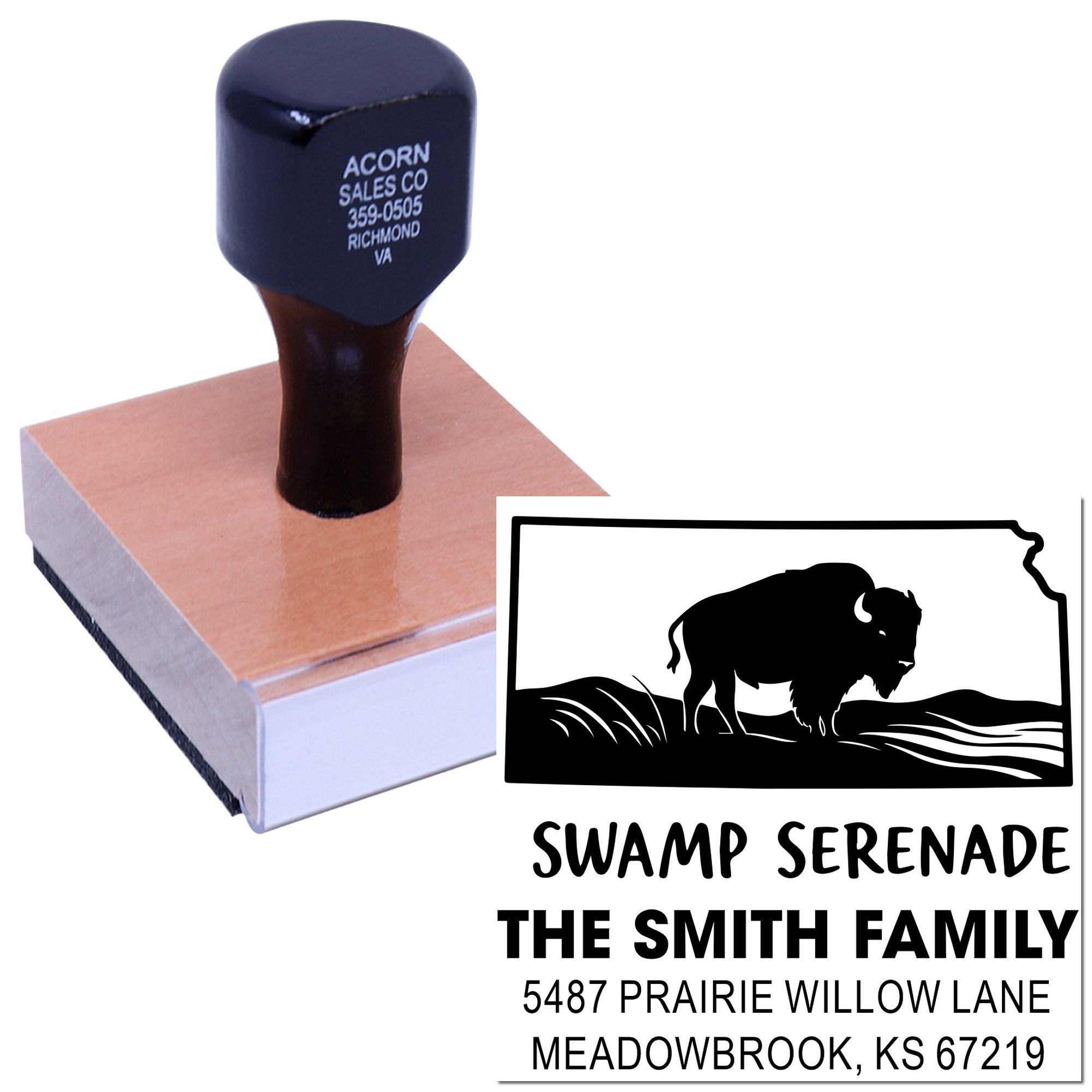 Custom return address rubber stamp with Kansas bison design for personalized family mailing labels.
