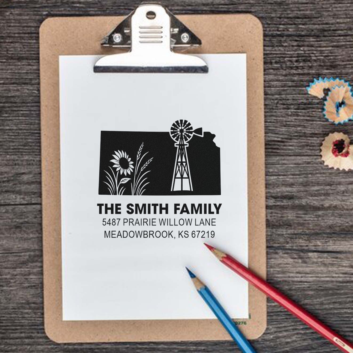 Personalized return address rubber stamp with farmhouse windmill and sunflower design for envelopes and mailings.