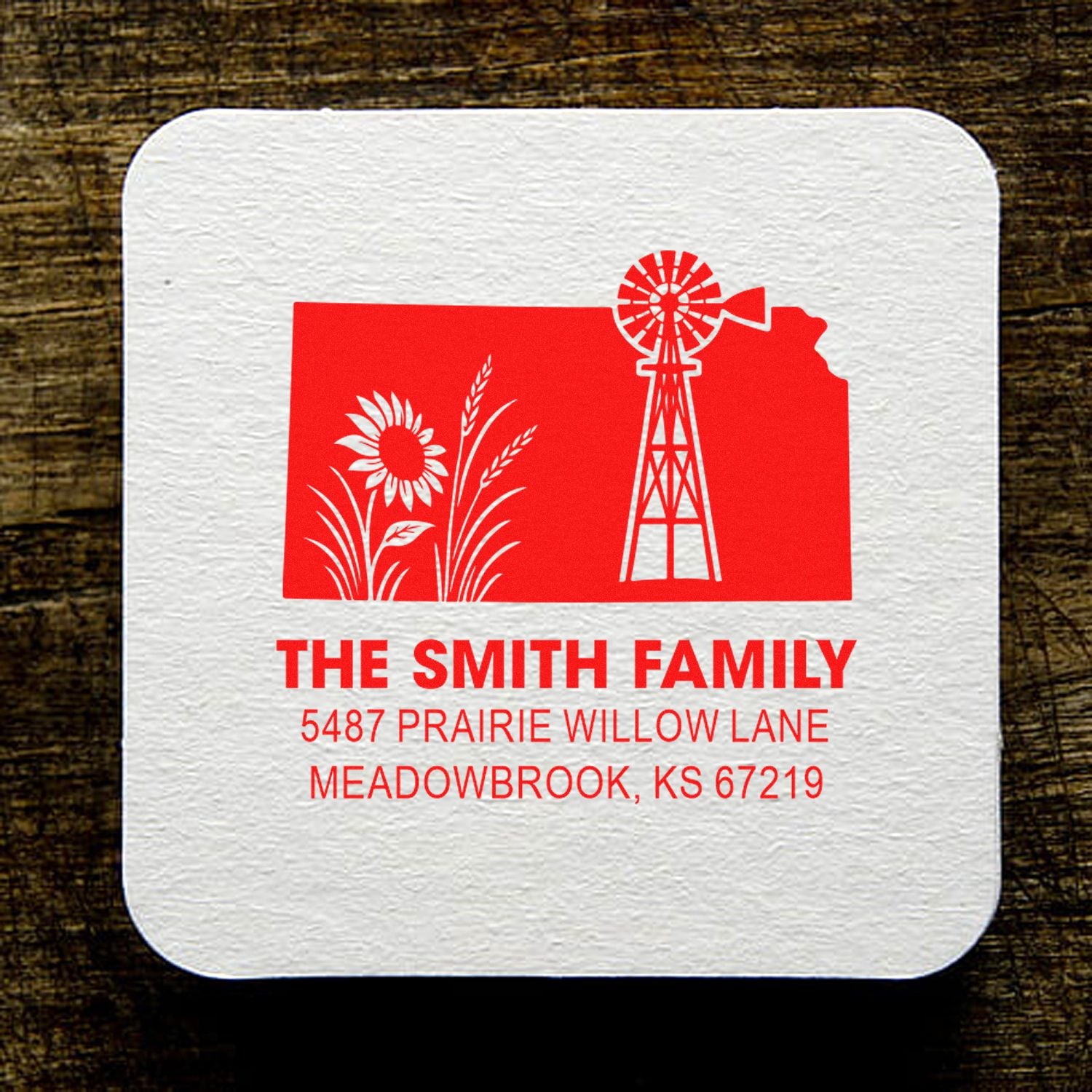 Personalized Kansas return address rubber stamp with windmill and sunflower design for The Smith Family.