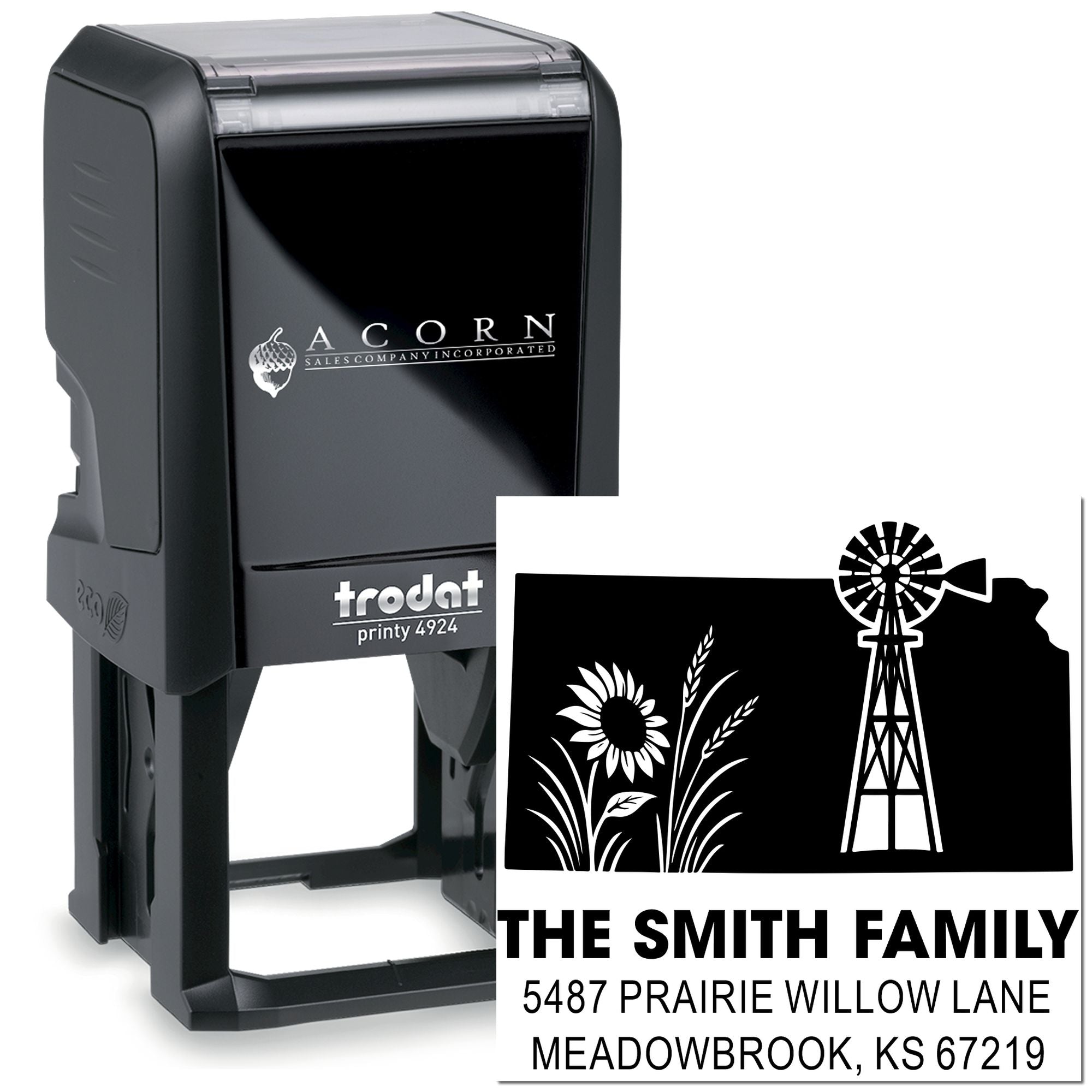 Personalized self-inking rubber address stamp with windmill and sunflower design, Trodat Printy 4924 for family mail.