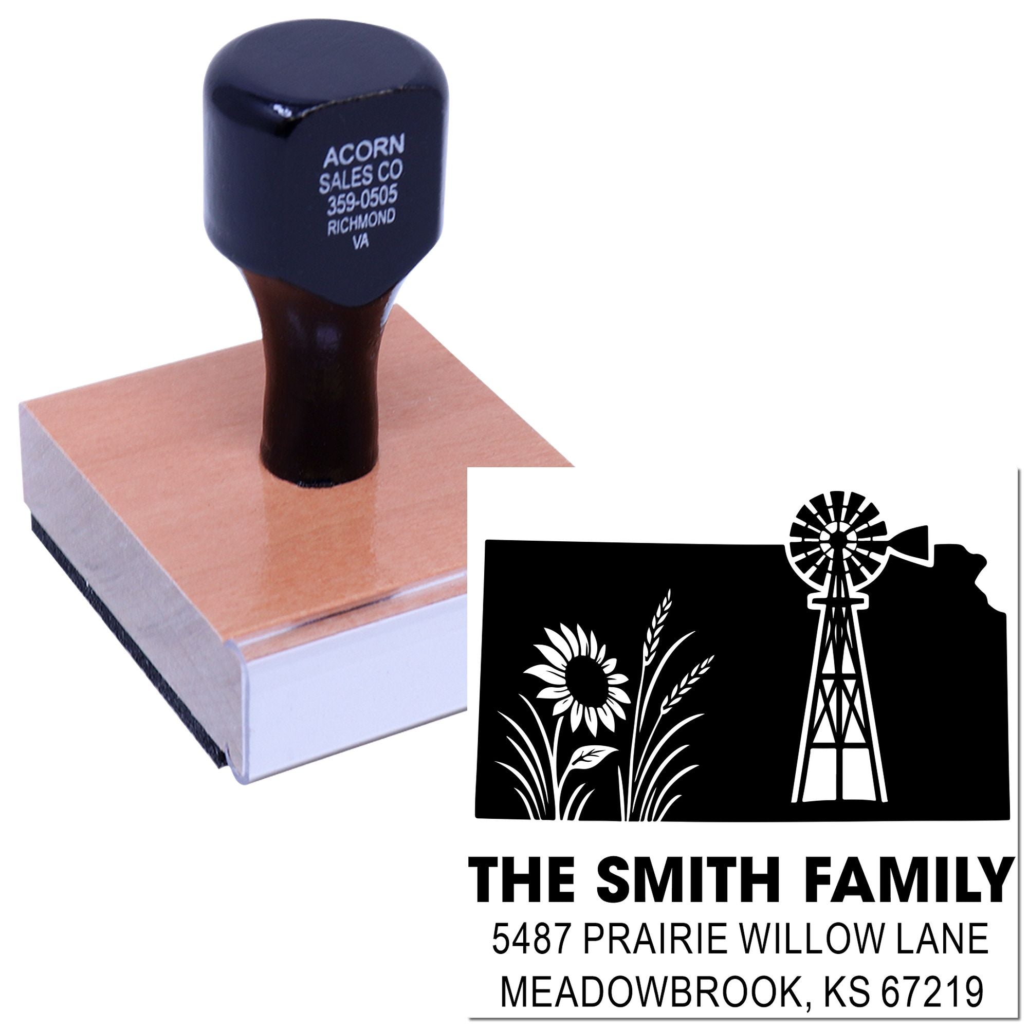 Custom address rubber stamp with windmill and sunflower design for farmhouse-style personalized return mailers.