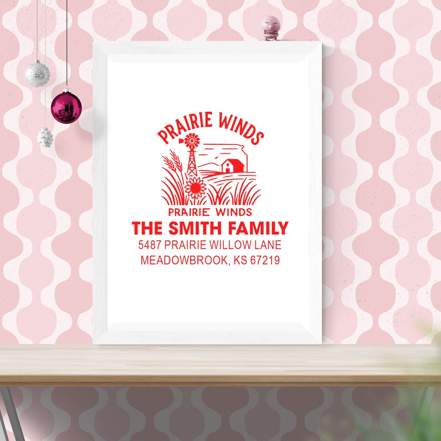 Custom family return address rubber stamp featuring Prairie Winds logo, The Smith Family, and Meadowbrook, KS address.