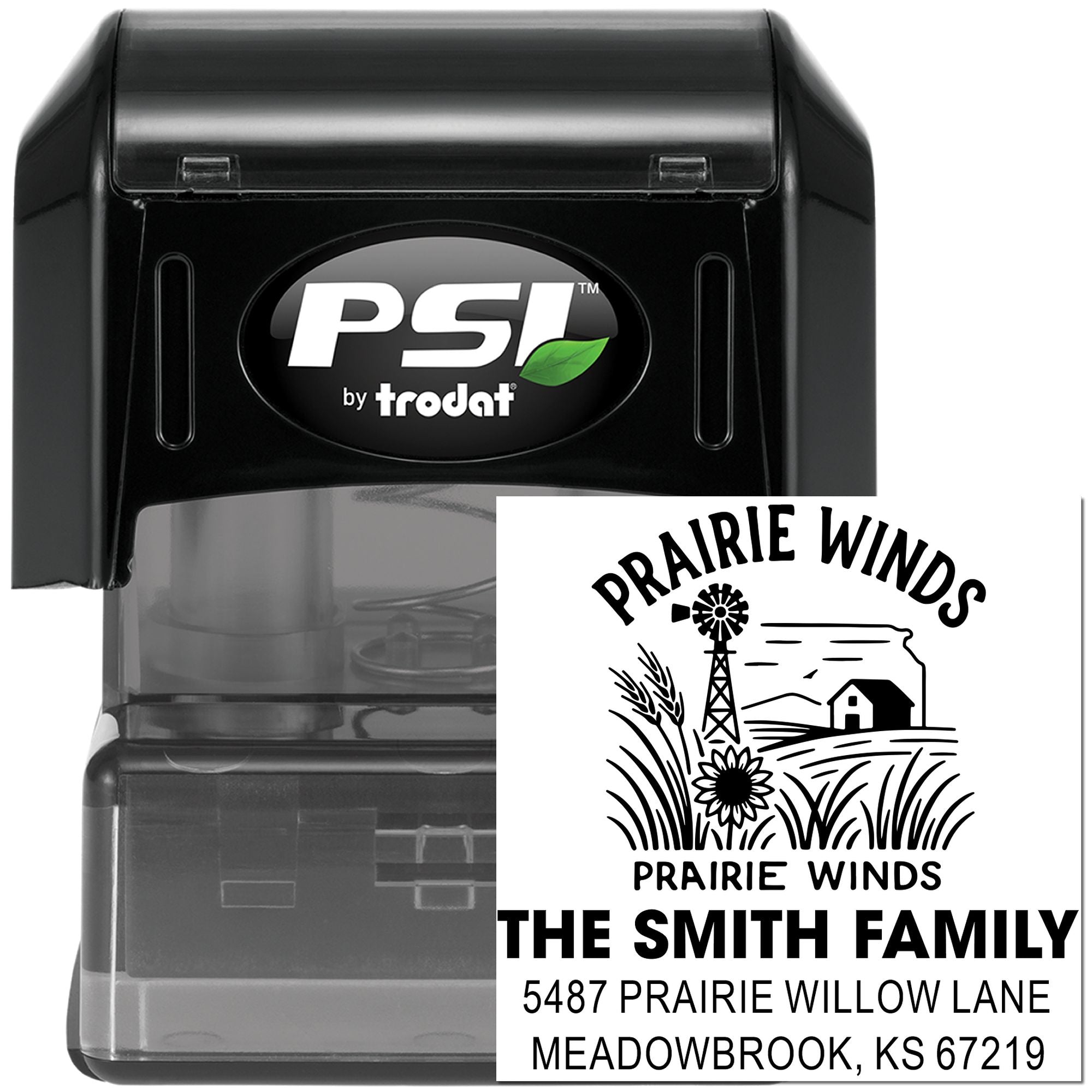 Custom Prairie Winds self-inking address rubber stamp by Trodat for family mail and farm branding