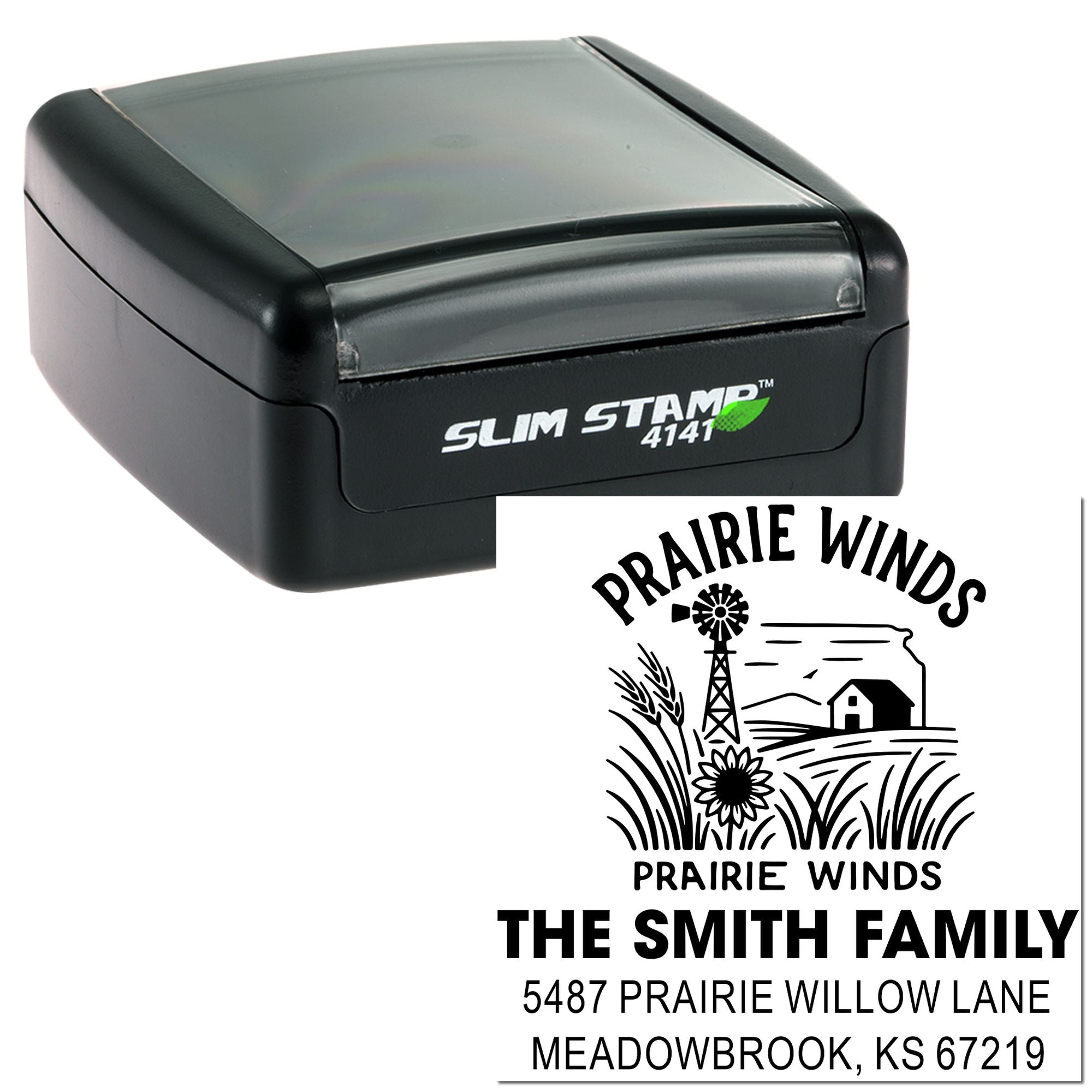 Prairie Winds custom address rubber stamp for The Smith Family with windmill design and Meadowbrook, KS return address.