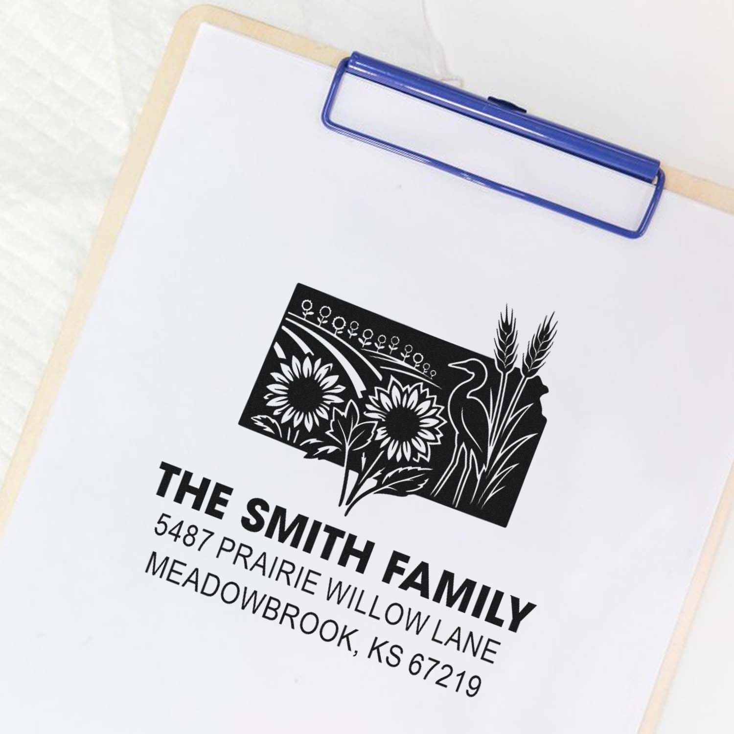 Custom family return address rubber stamp with farm logo for The Smith Family in Meadowbrook, KS.