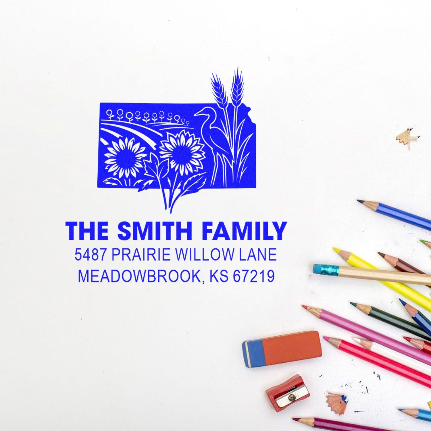 Custom return address rubber stamp with floral wildlife design for family mail, The Smith Family, Meadowbrook, KS.