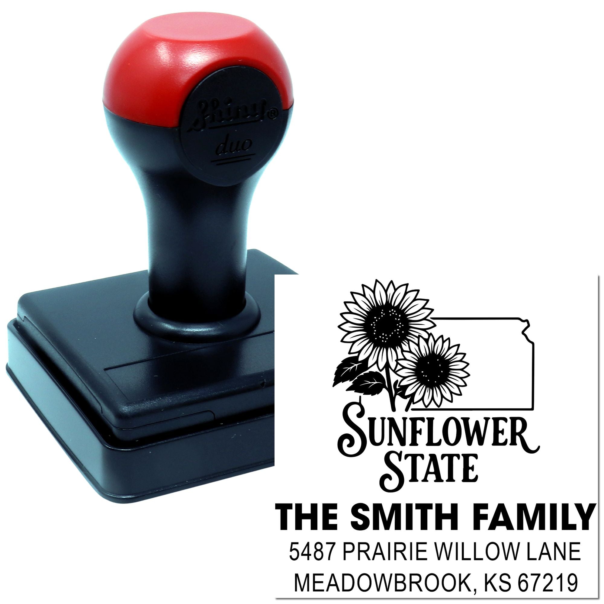 Custom self-inking rubber address stamp with Sunflower State design for The Smith Family return address in Kansas.