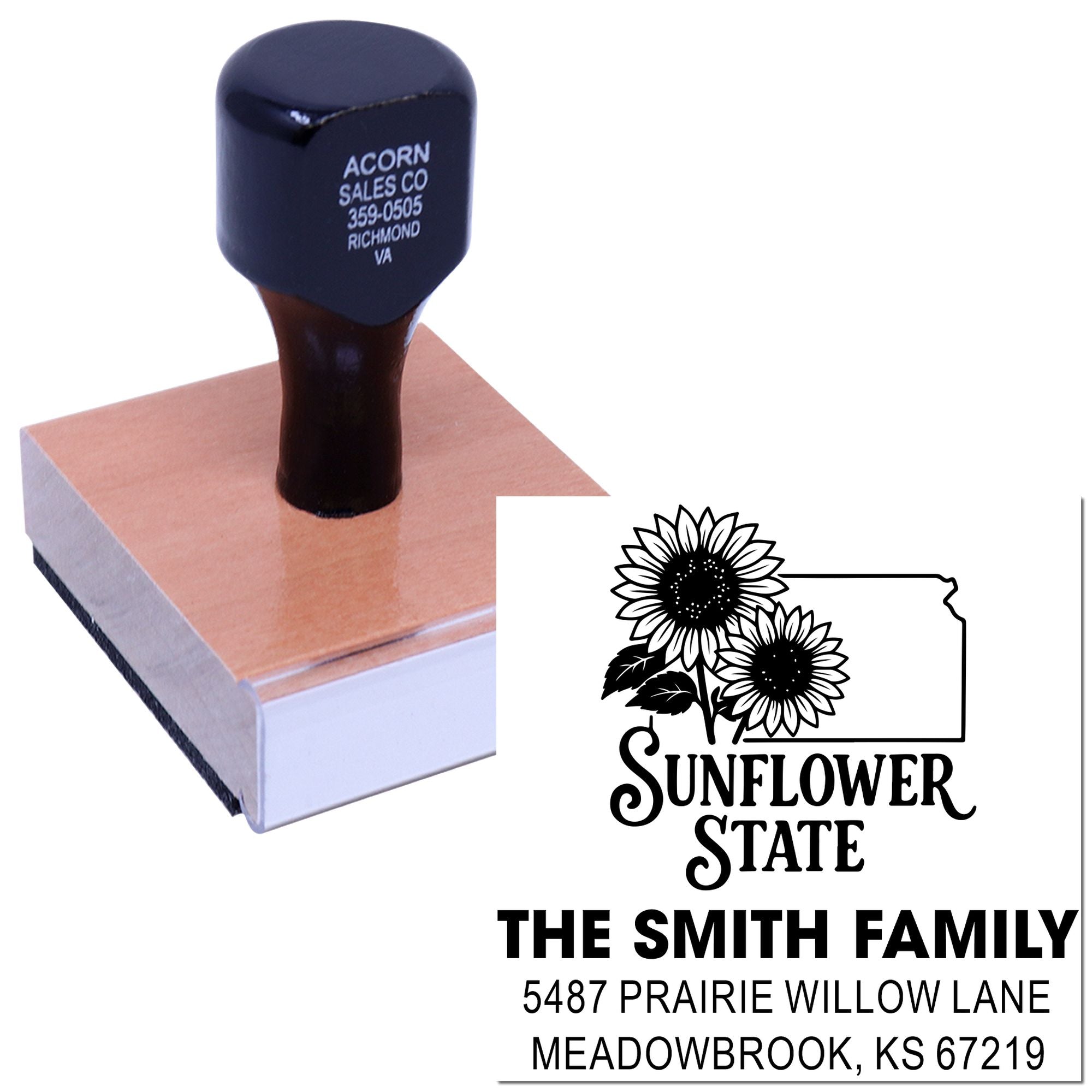 Personalized custom rubber address stamp with Sunflower State design, family name, and mailing address for return envelopes.