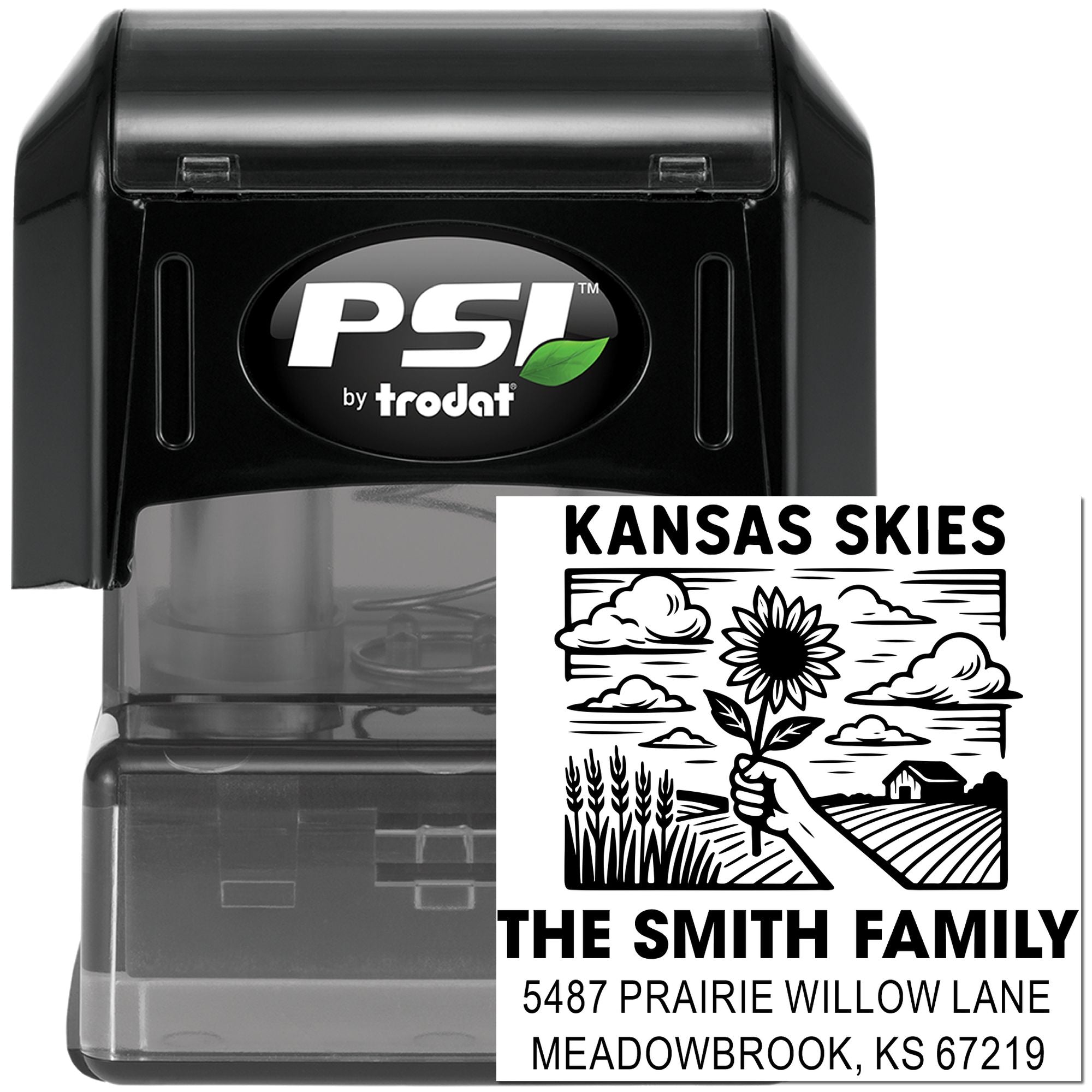 Custom Kansas Skies return address rubber stamp for The Smith Family, featuring farmhouse, sunflower and address design.