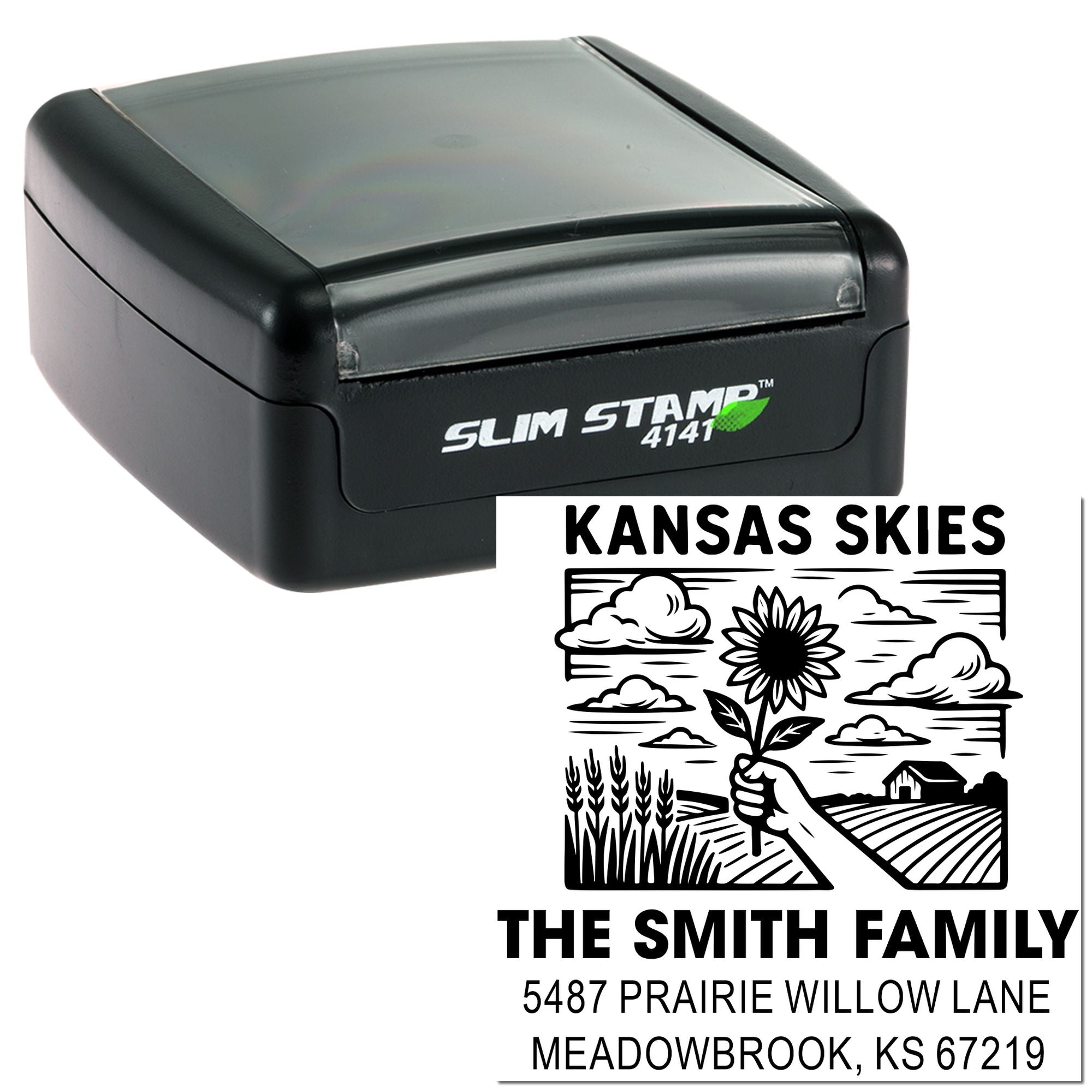 Custom Slim Stamp 4141 rubber stamp with Kansas Skies family name and address design for personalized mail