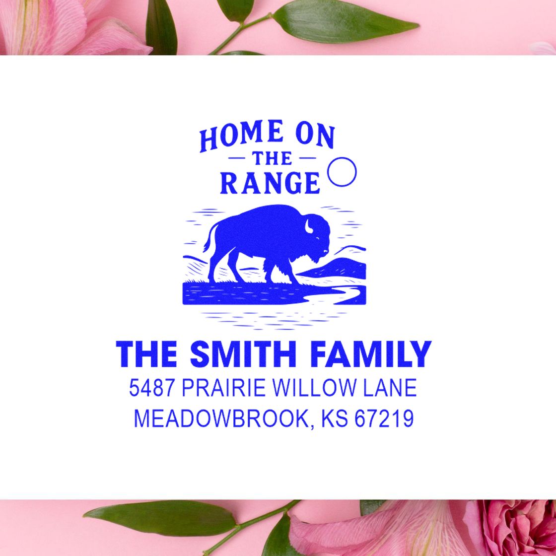 Custom address rubber stamp with bison Home on the Range design for The Smith Family, Meadowbrook, KS 67219.