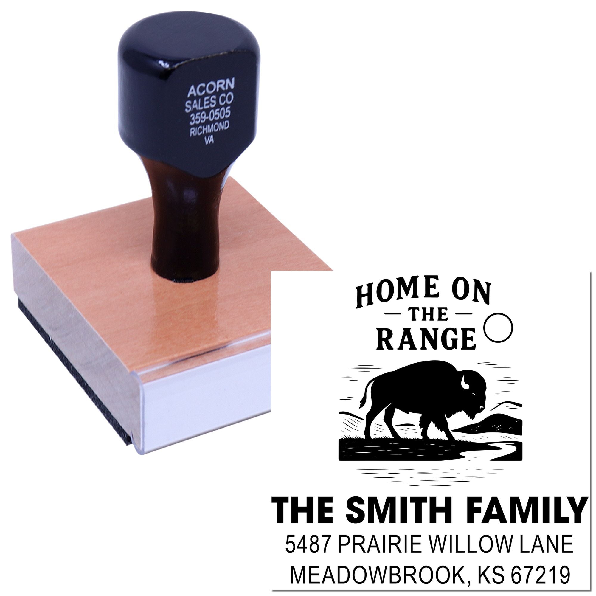 Custom return address rubber stamp with buffalo ranch logo for personalized mail, invitations, and stationery.