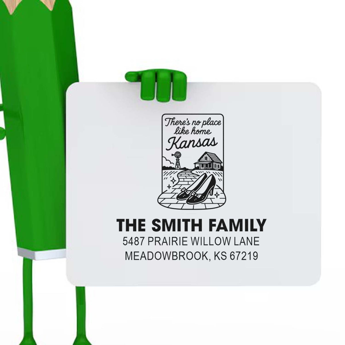 Custom Kansas return address rubber stamp for The Smith Family with Theres no place like home house design.