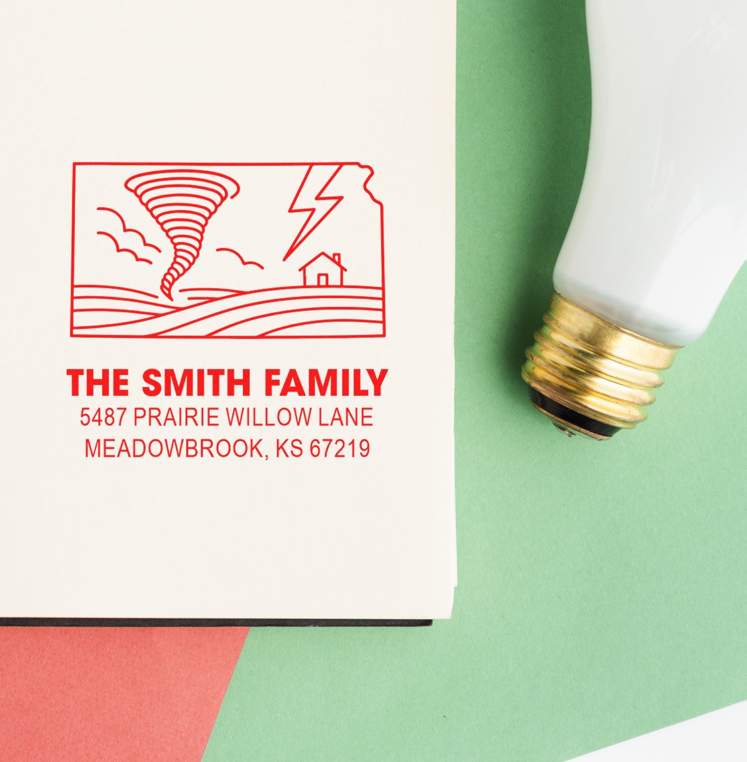 Custom rubber stamp showing Smith family return address with tornado warning design and address details.