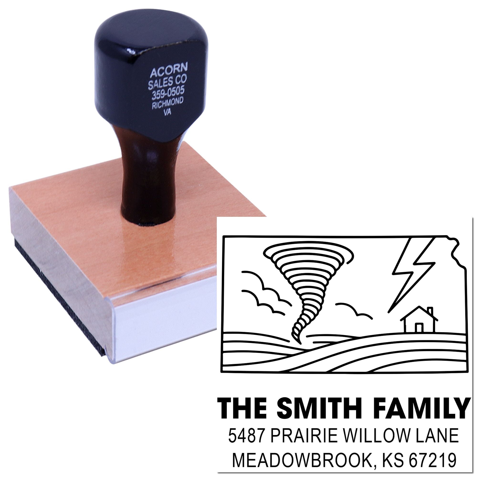 Custom self-inking address rubber stamp with tornado design for The Smith Family and return address.