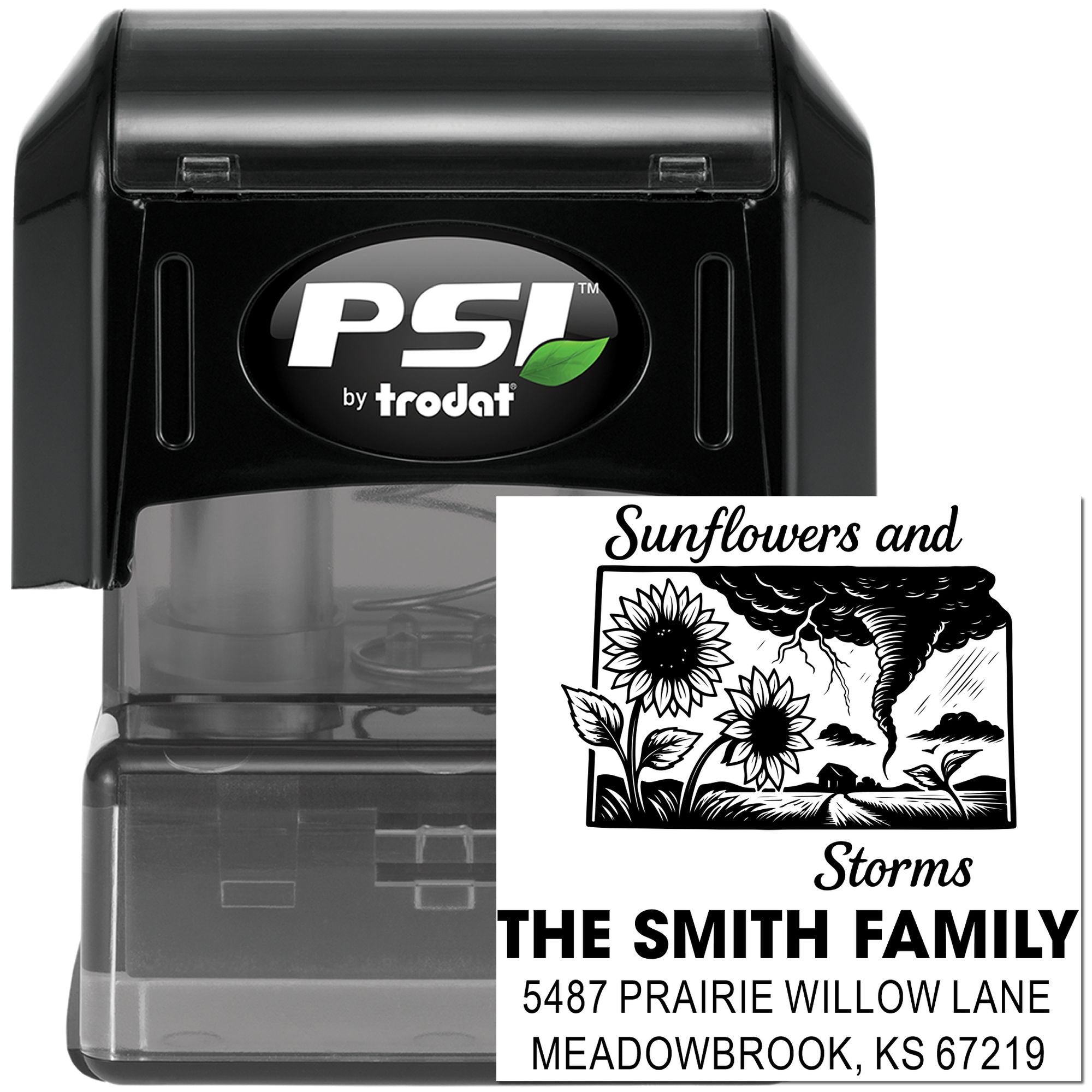 Custom self-inking rubber address stamp by PSI by Trodat with sunflower and storm design for The Smith Family