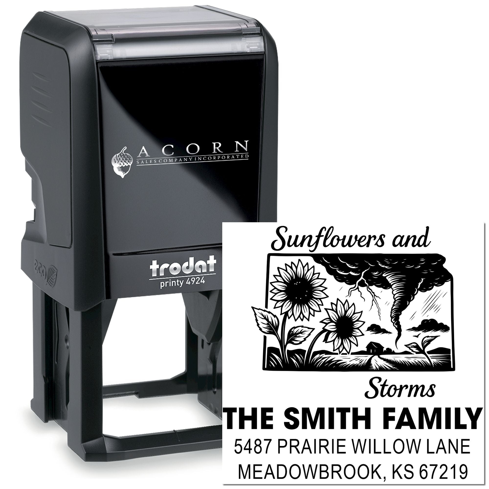 Custom self-inking rubber return address stamp with Sunflowers and Storms design for The Smith Family.