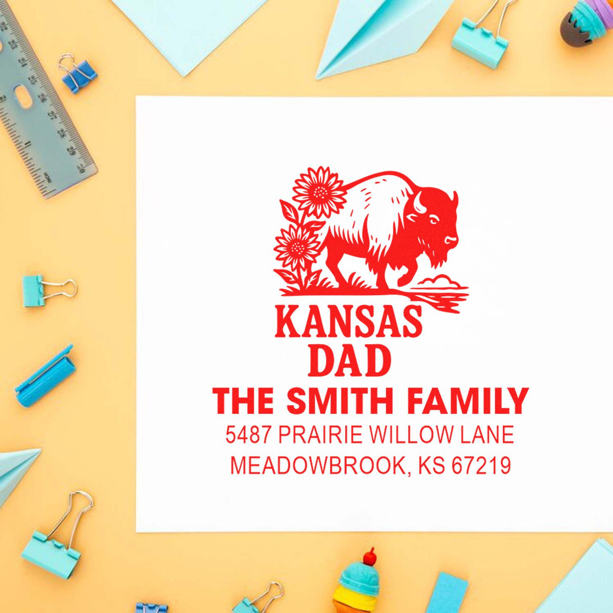 Custom Kansas Dad return address rubber stamp with bison design, Smith family name, and address for envelopes.