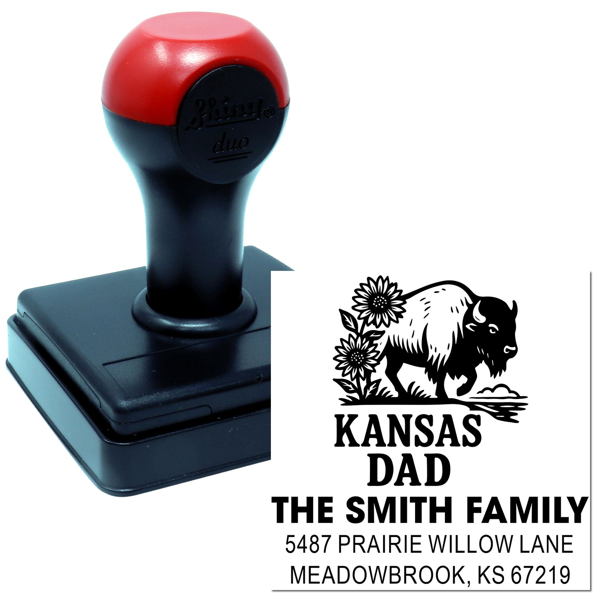 Custom self-inking rubber stamp for Kansas Dad with bison design, family name, and address for personalized mail.