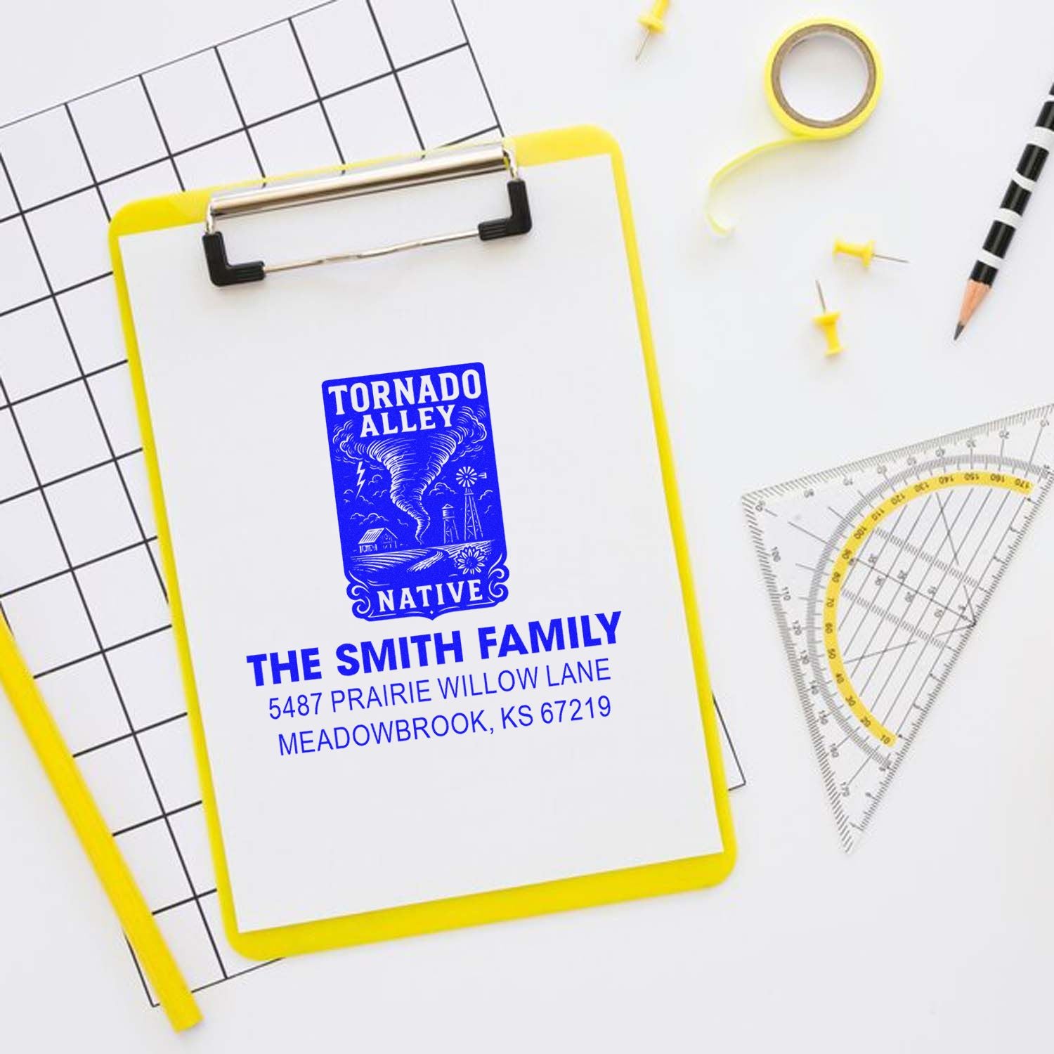 Custom rubber address stamp mockup for The Smith Family, featuring a Tornado Alley Native design and Kansas home address.