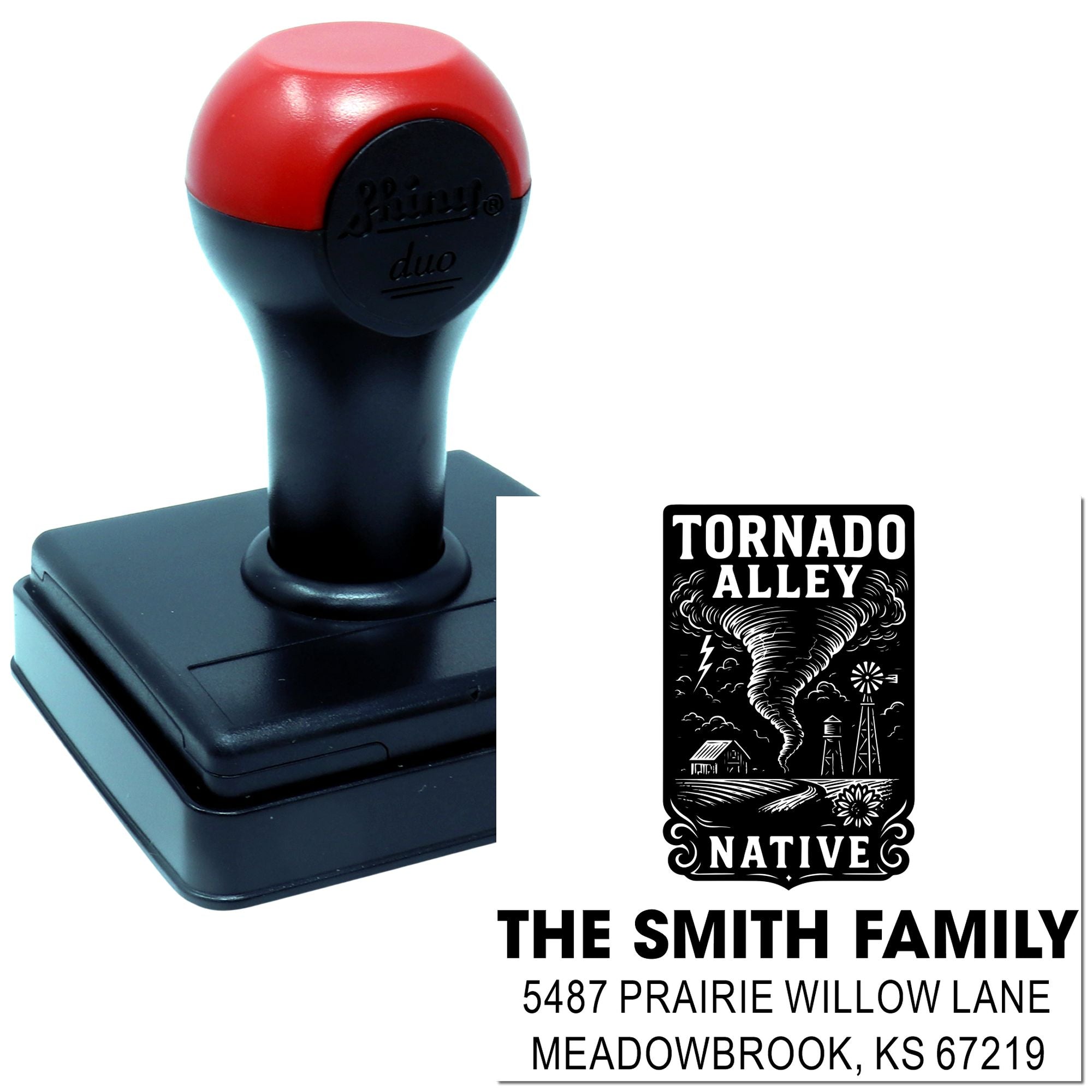 Custom personalized self-inking return address rubber stamp with Tornado Alley Native design for The Smith Family.
