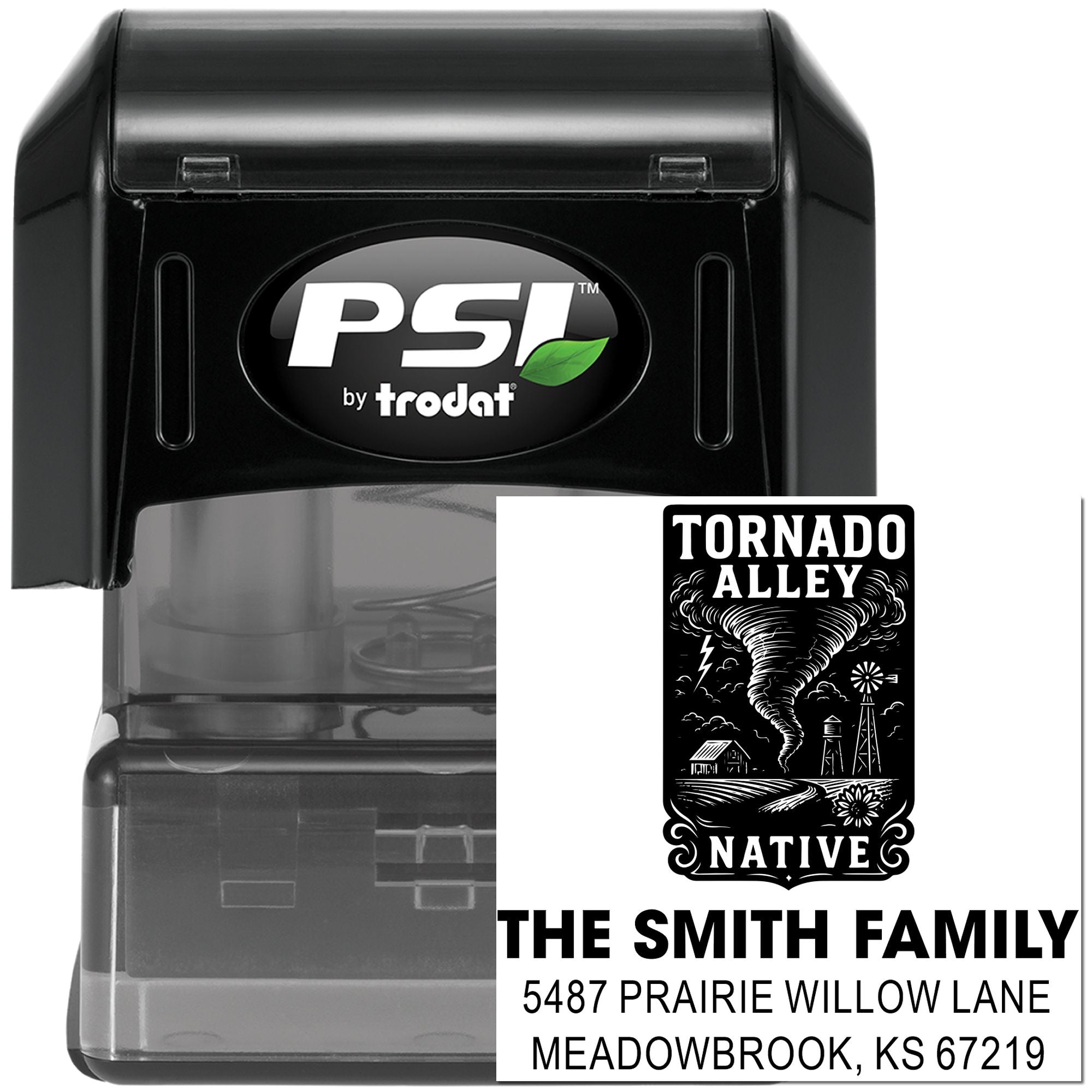 PSI by Trodat custom self-inking rubber address stamp with Tornado Alley Native design and Smith Family address.