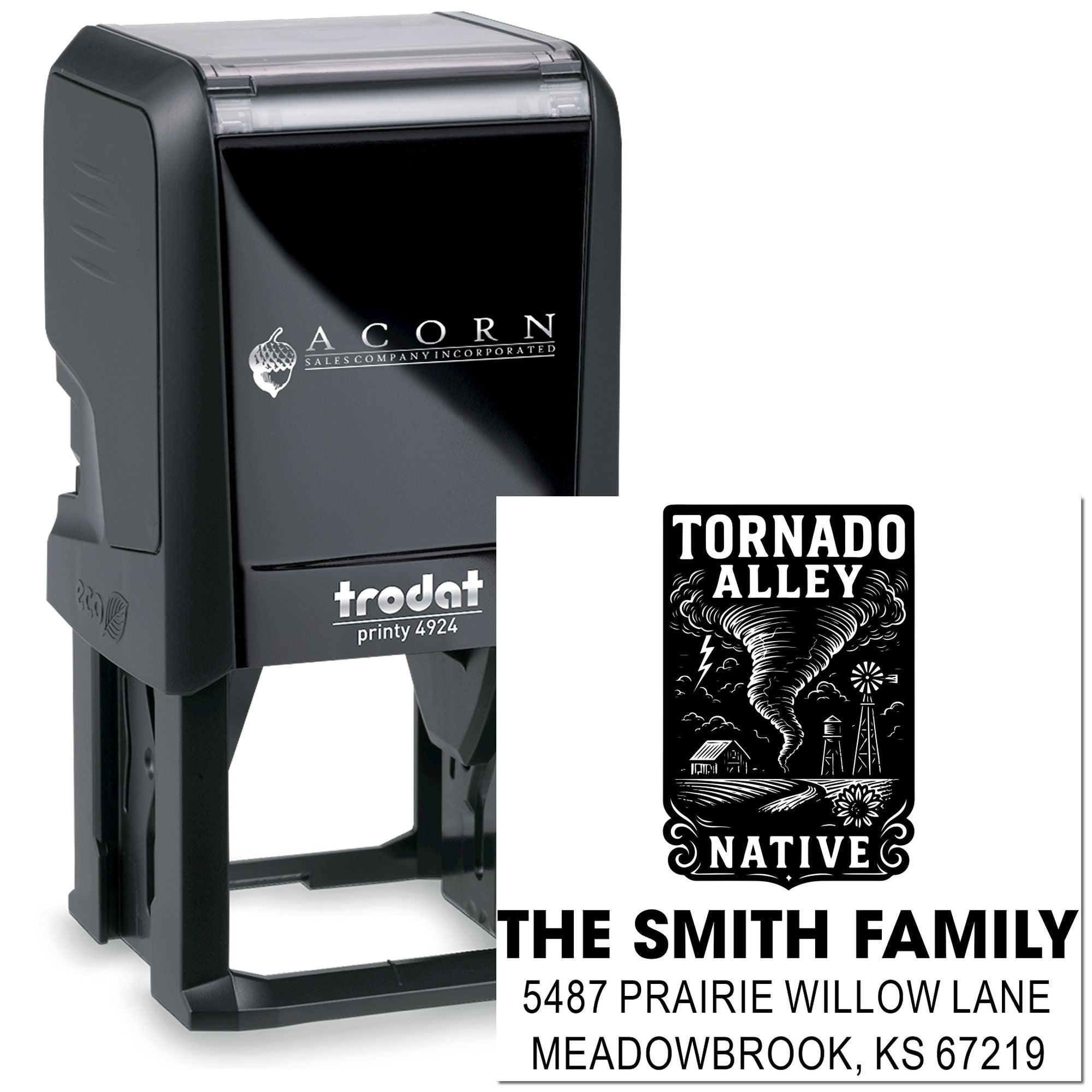 Custom self-inking rubber stamp with tornado alley family address design, Trodat Printy 4924 stamp for personalized mailing.
