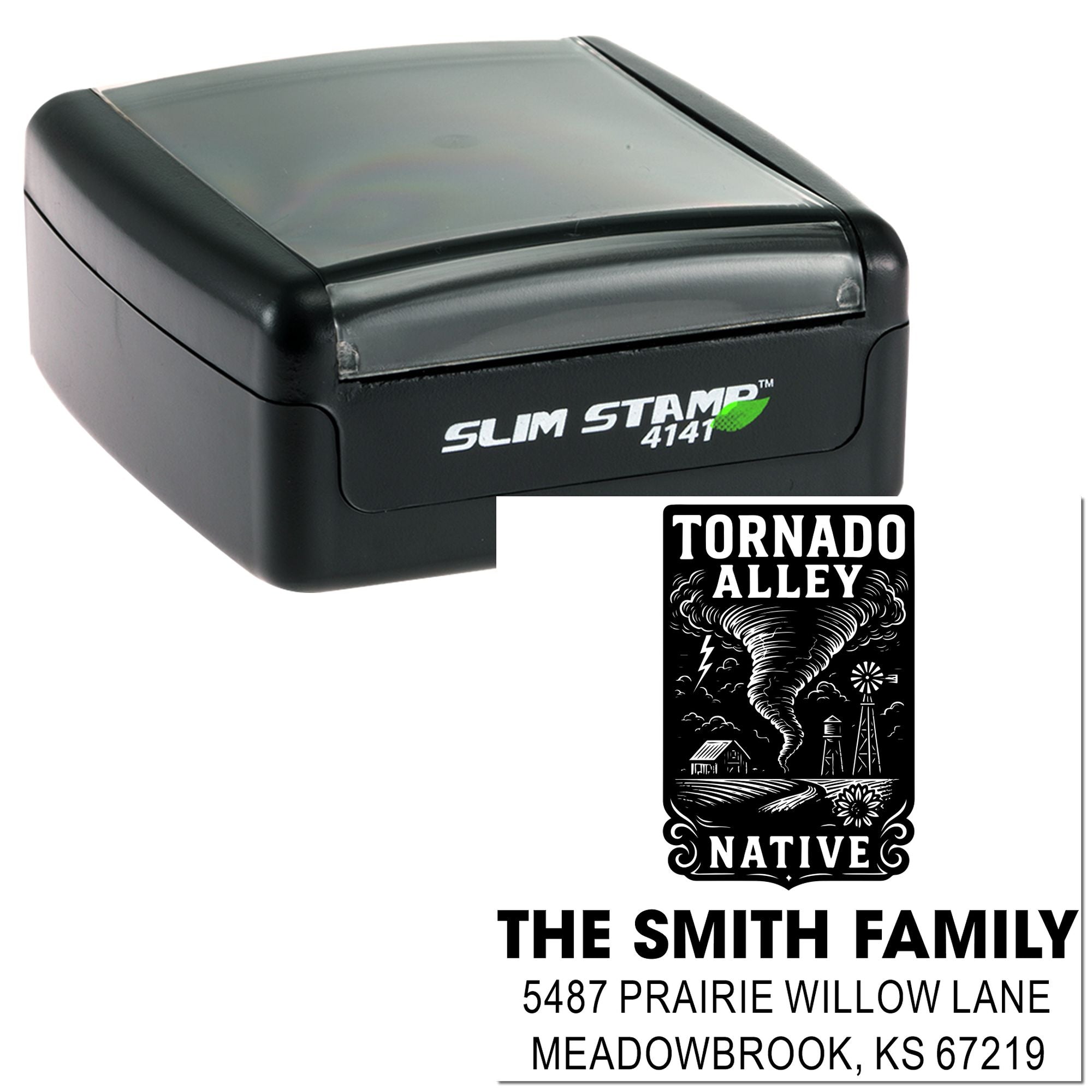 Slim Stamp 4141 custom address rubber stamp featuring Tornado Alley Native design for The Smith Family return address imprint.