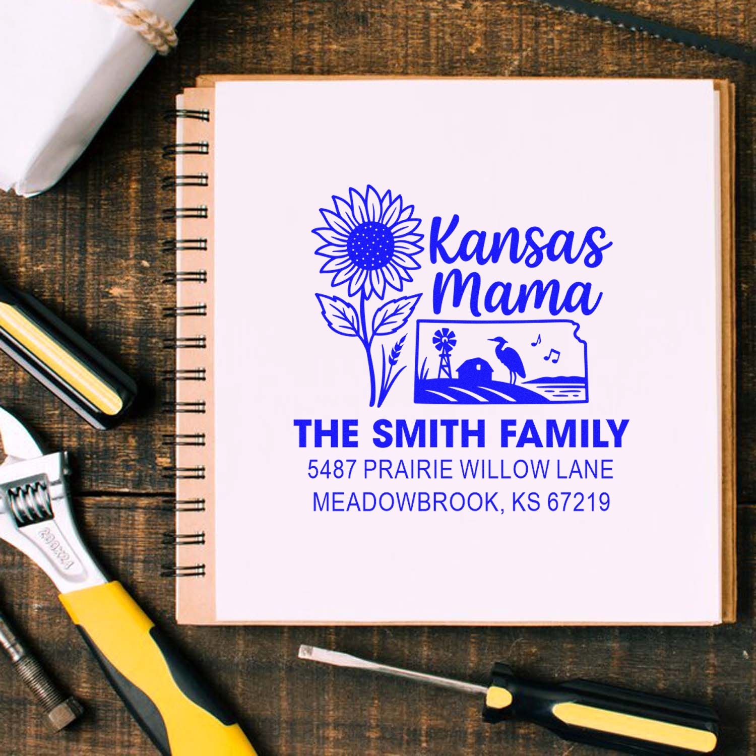 Custom Kansas Mama family address rubber stamp with sunflower design and Meadowbrook, KS return address.