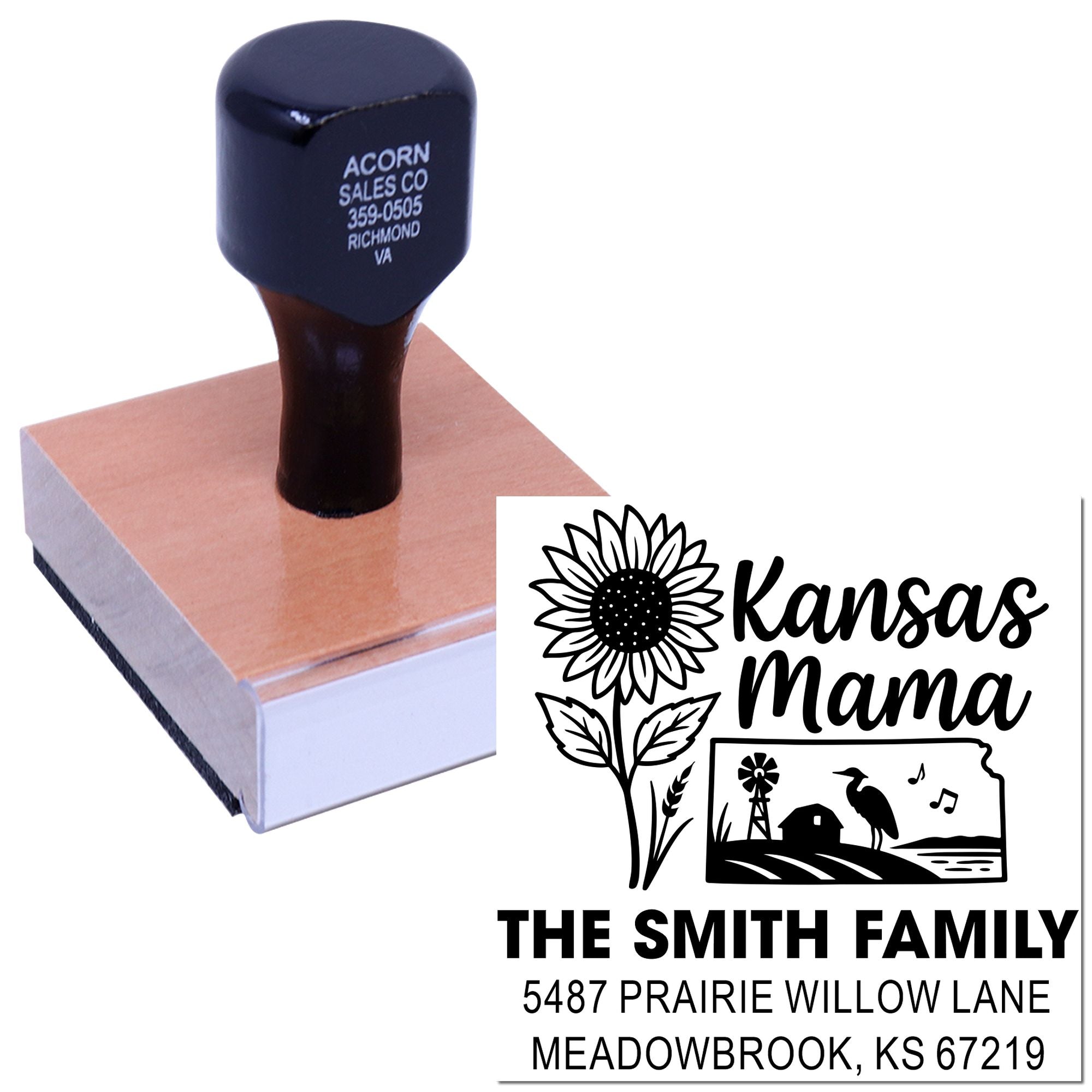 Custom return address rubber stamp with sunflower Kansas Mama family design for personalized mailing and home labeling.