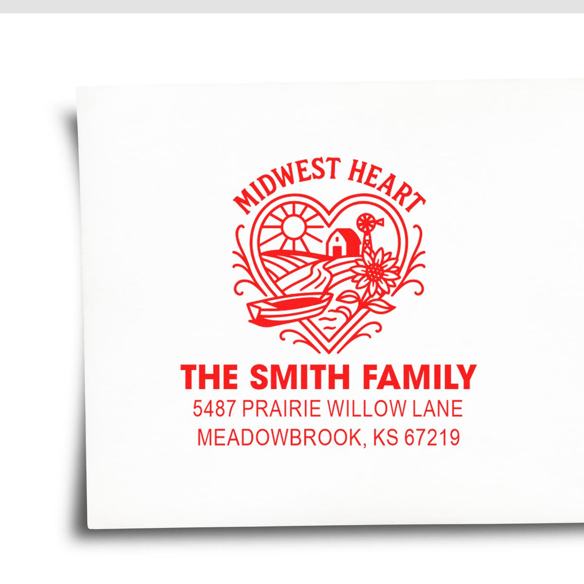 Custom Midwest Heart return address rubber stamp for The Smith Family with personalized farm-themed home address.