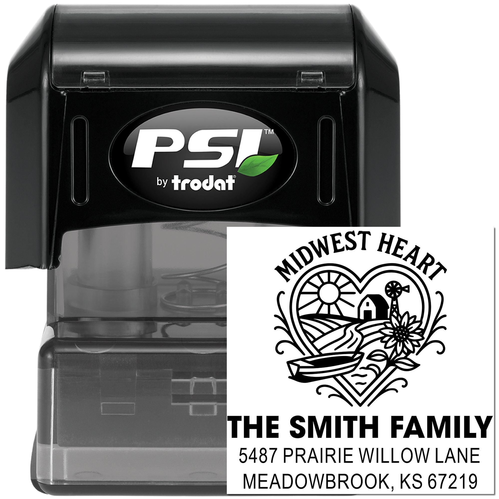 Custom address stamp for family name and return address, self-inking rubber stamp for personalized mailing.