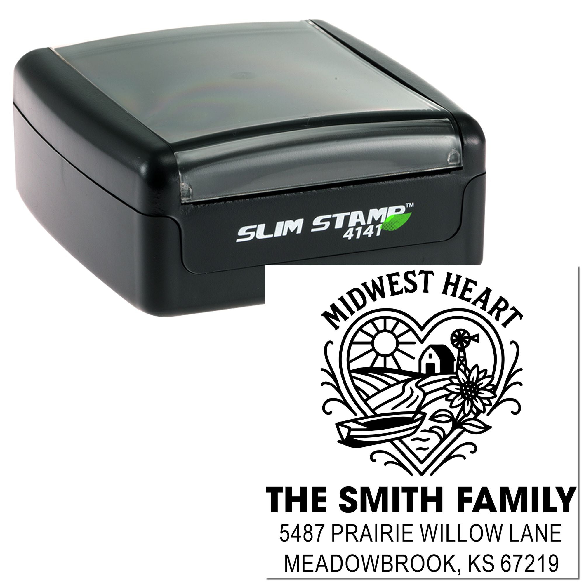 Custom self-inking Slim Stamp 4141 rubber stamp with Midwest Heart family address design for The Smith Family.