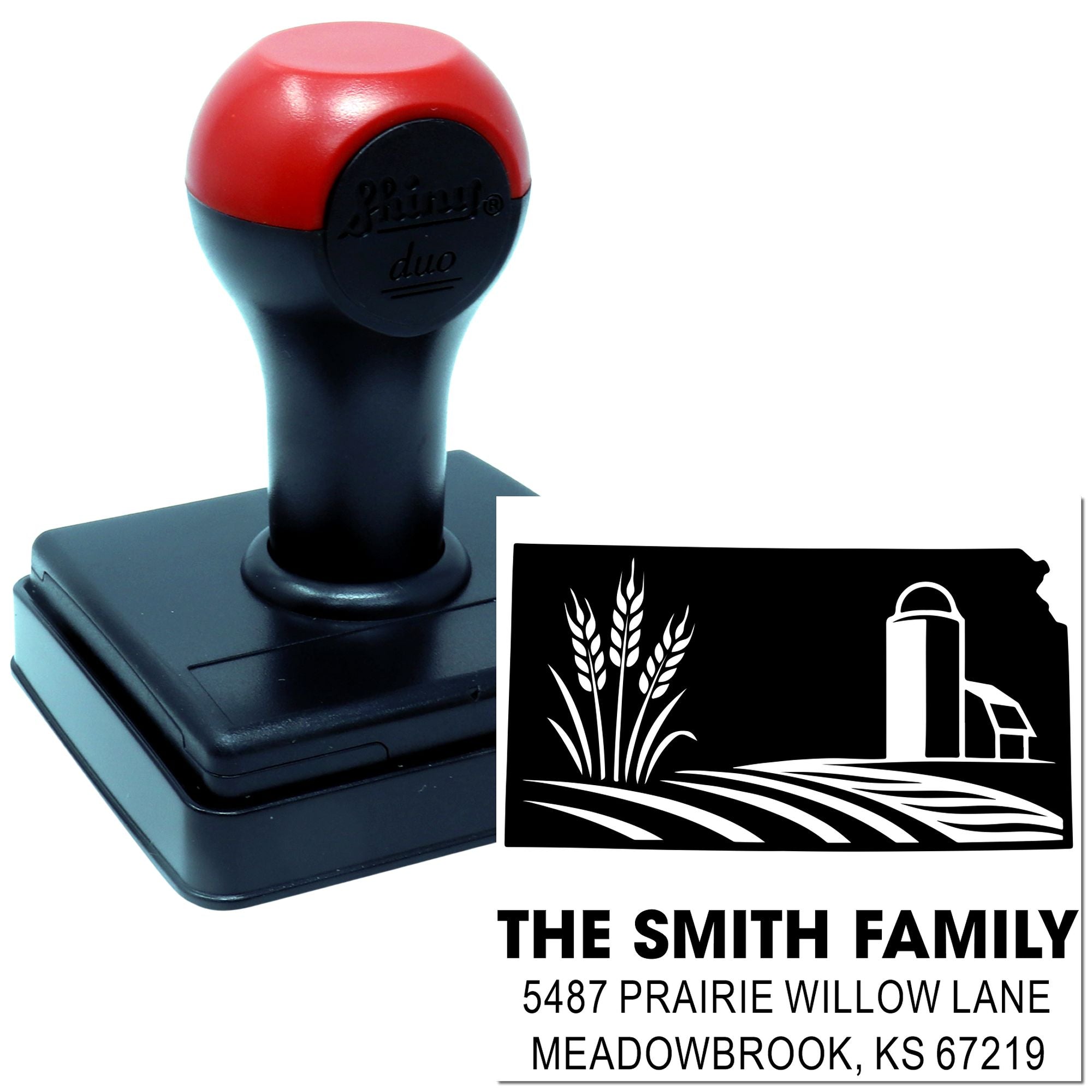 Personalized self-inking rubber address stamp with farm logo for The Smith Family, Prairie Willow Lane, Meadowbrook, KS