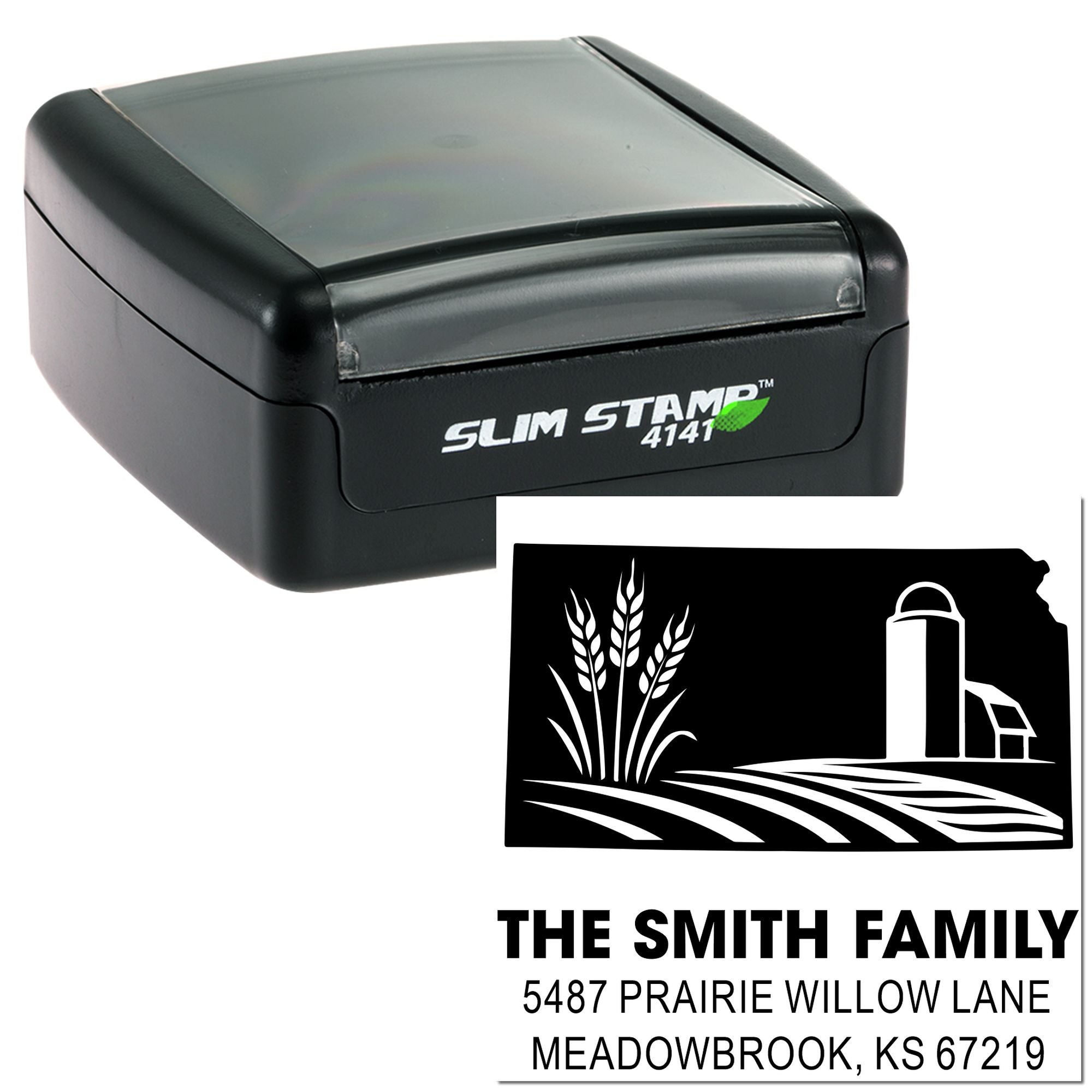 Custom self-inking Slim Stamp rubber stamp with farm return address design for The Smith Family, Meadowbrook, KS.
