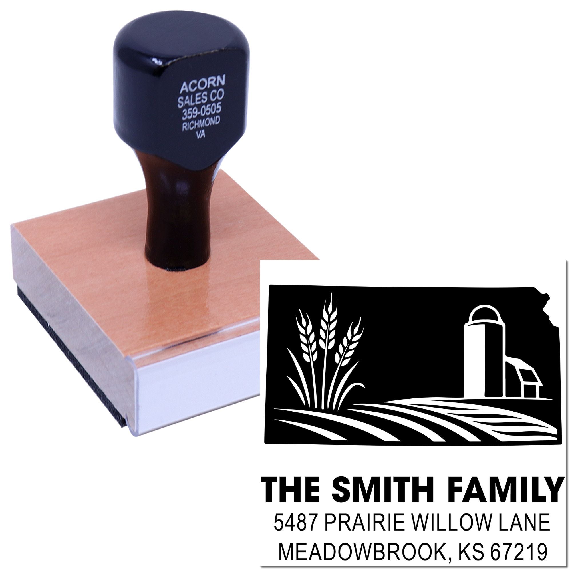 Custom address rubber stamp with farmhouse wheat design for The Smith Family and Prairie Willow Lane mailing address.