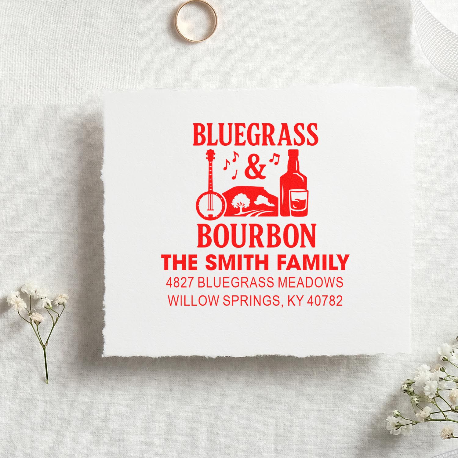 Custom bluegrass bourbon return address rubber stamp with guitar and bottle design for The Smith Family.