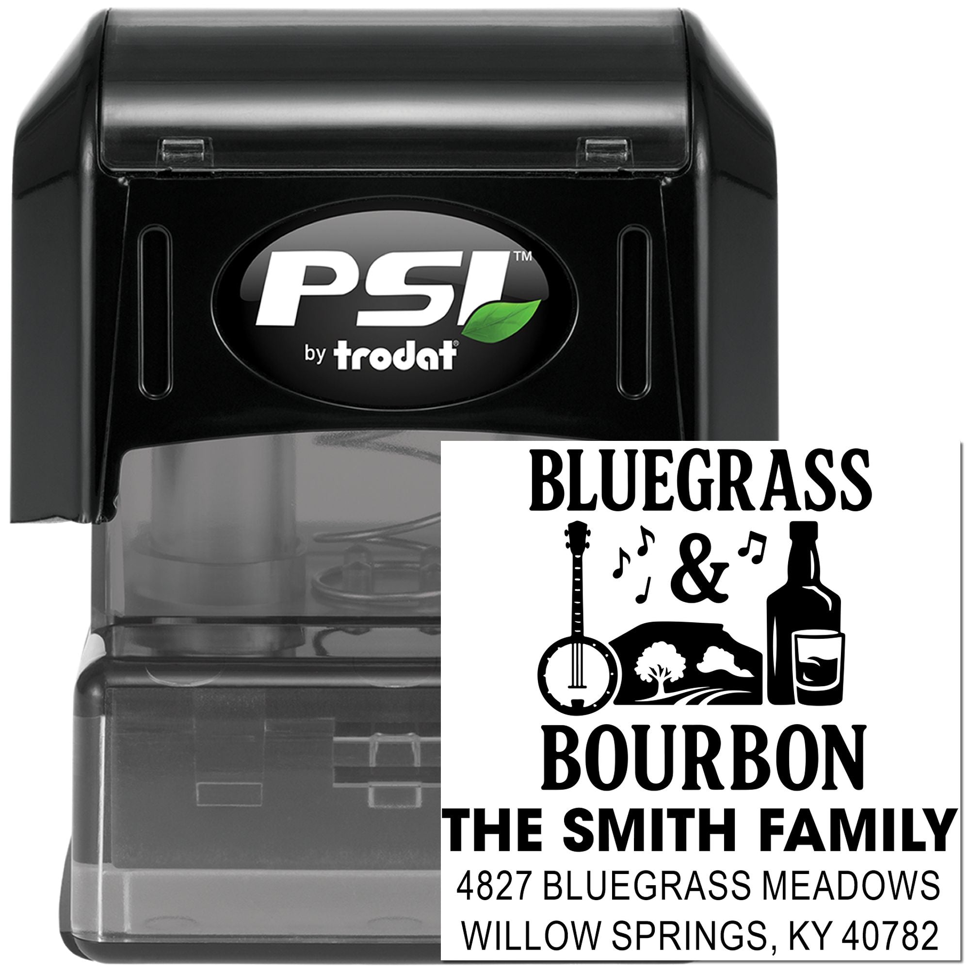 Custom self-inking rubber address stamp with Bluegrass Bourbon family design for personalized mailings and home branding.