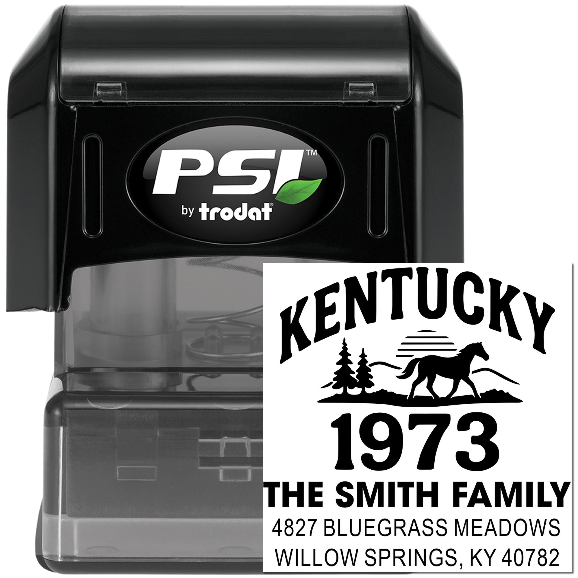 Custom Kentucky family address rubber stamp by PSI Trodat, self-inking personalized stamp for mail and home use