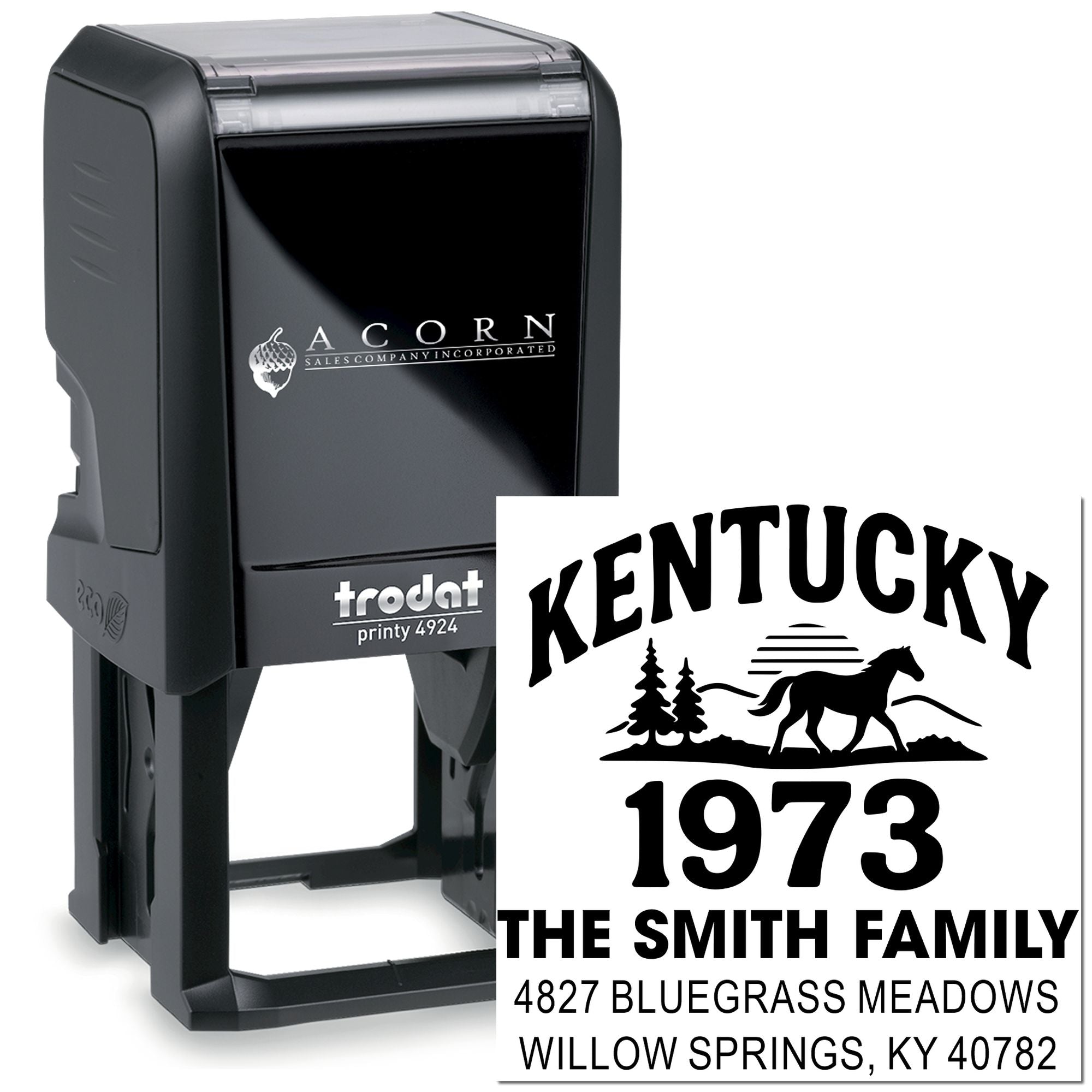 Custom self-inking rubber stamp with Kentucky return address design for The Smith Family, 1973, and horse silhouette.
