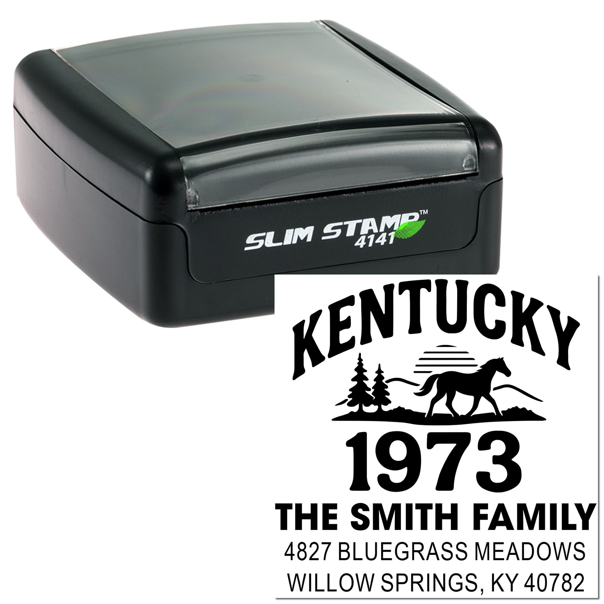 Custom self-inking Slim Stamp 4141 with Kentucky return address design for The Smith Family, 1973 home address rubber stamp.
