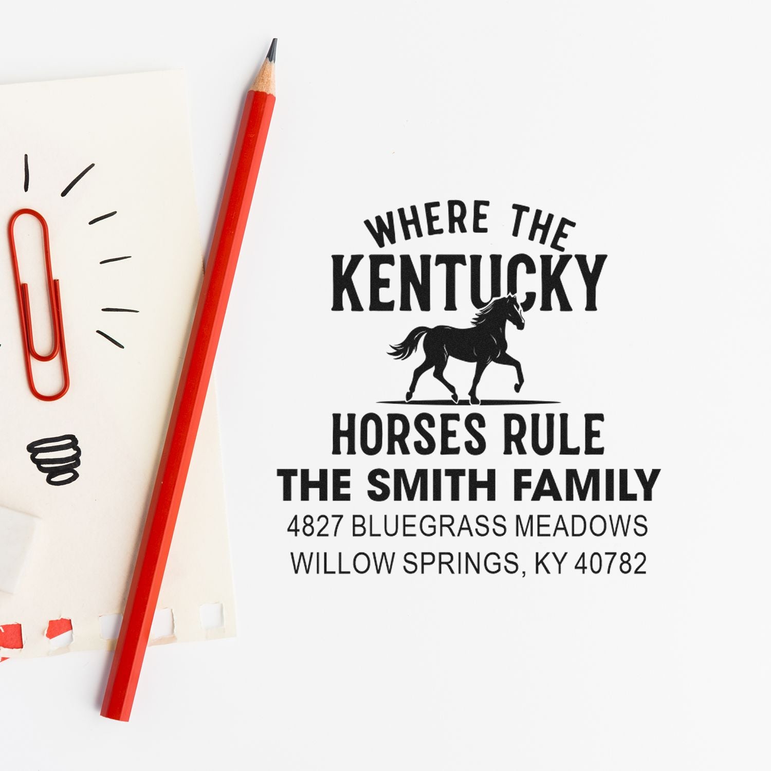 Custom Kentucky horse family address rubber stamp with horse silhouette, Smith family name, and Willow Springs, KY address