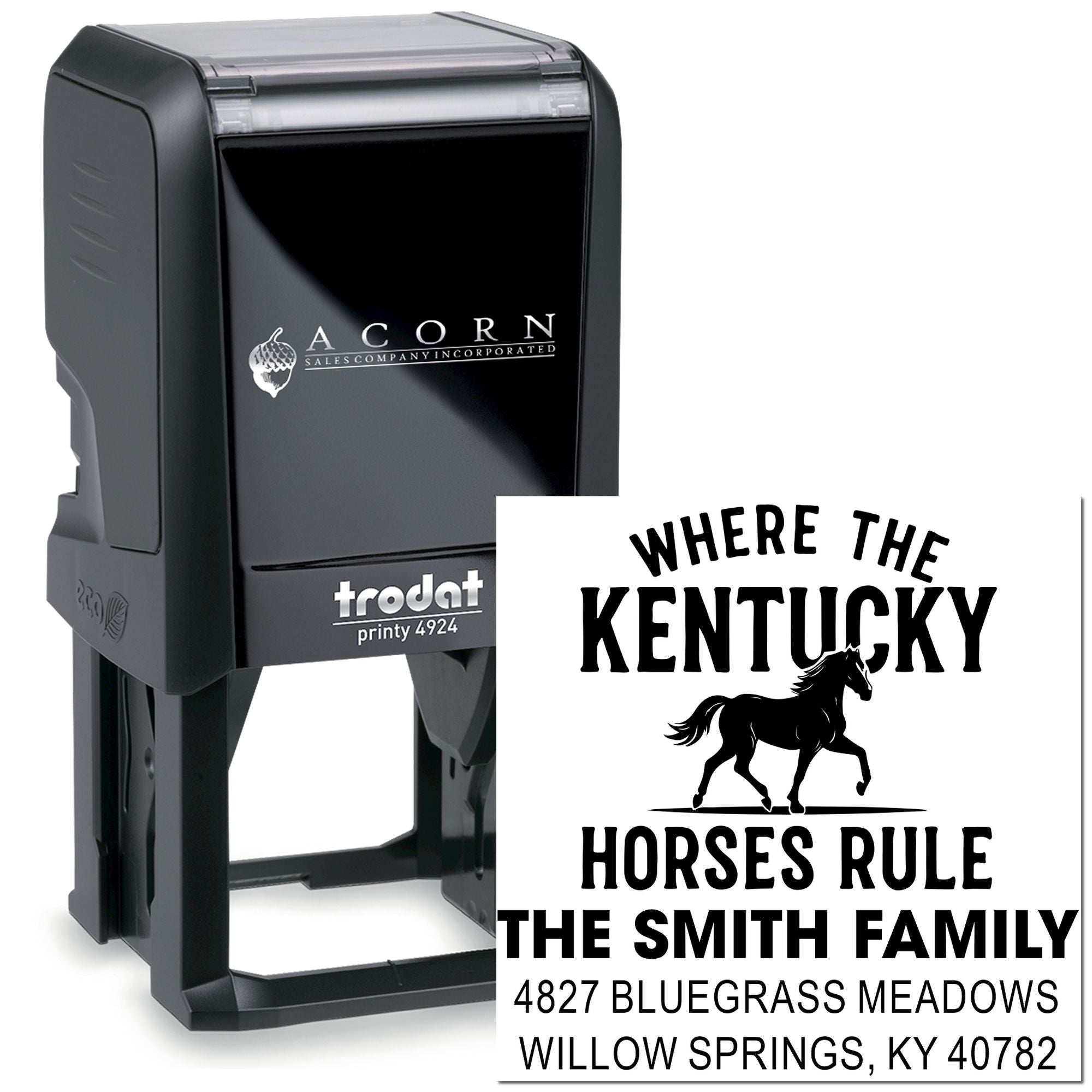 Custom self-inking rubber address stamp for Kentucky horse family, personalized with name, logo, and return address.